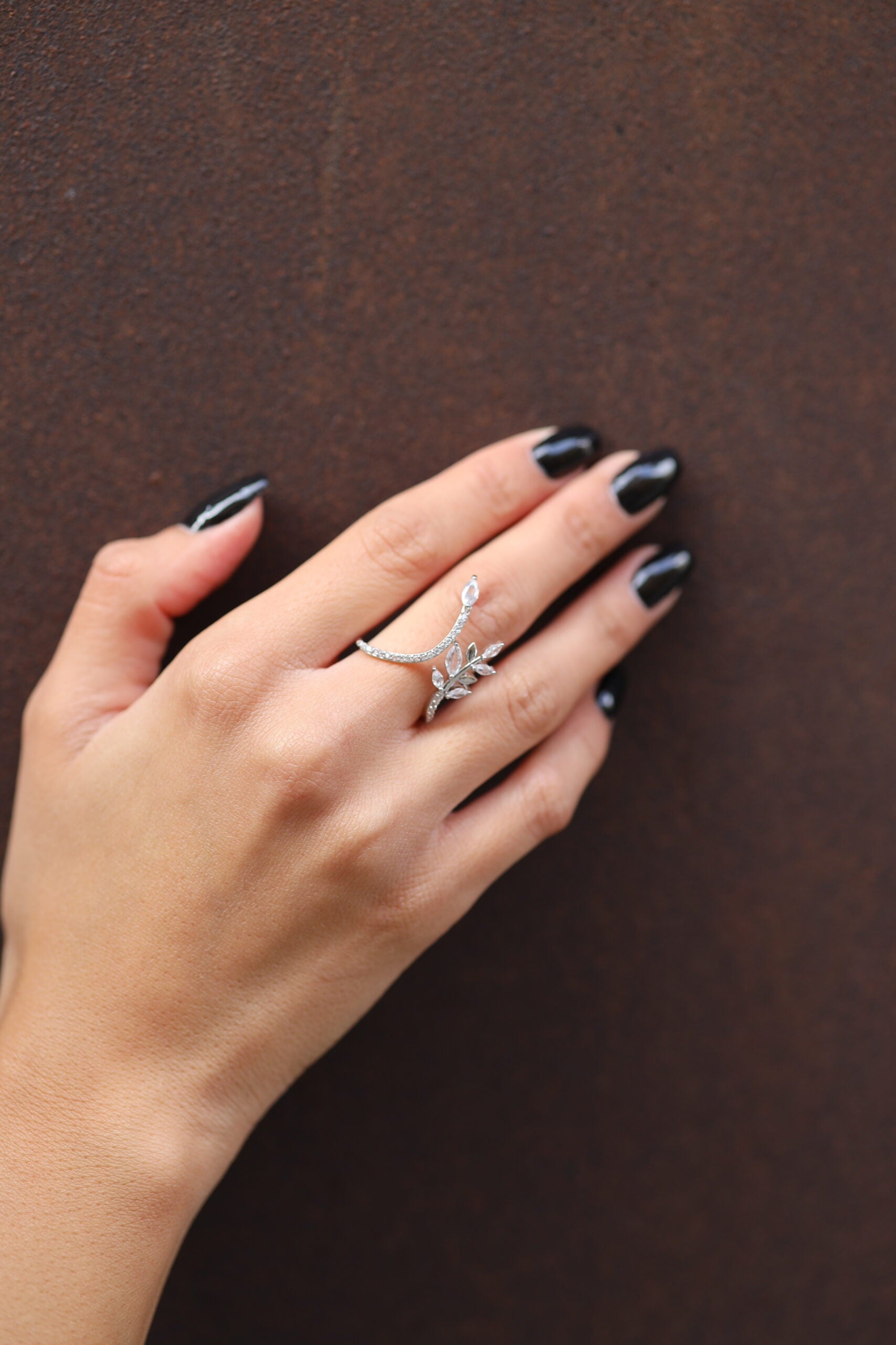 Silver Leaf Crystal Open Cuff Ring - AESC27