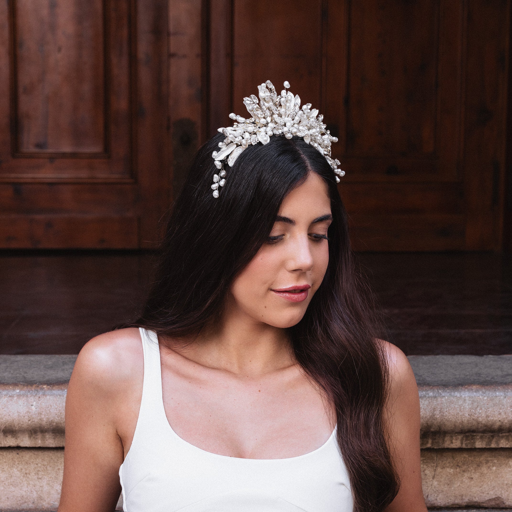Handmade Crystal Pearl Leaf Tiara