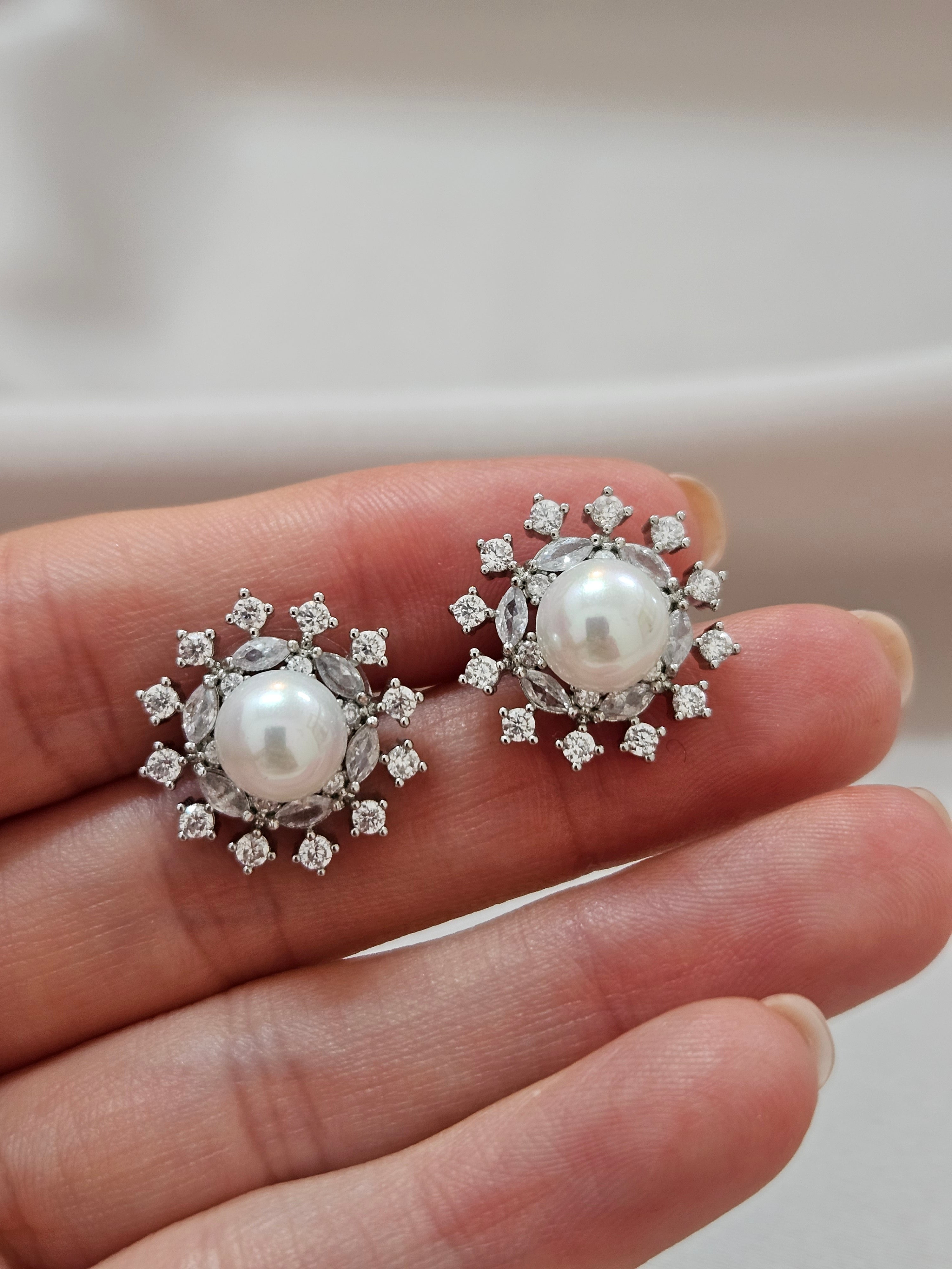 oriental silver and pearl round stus earrings for weddings