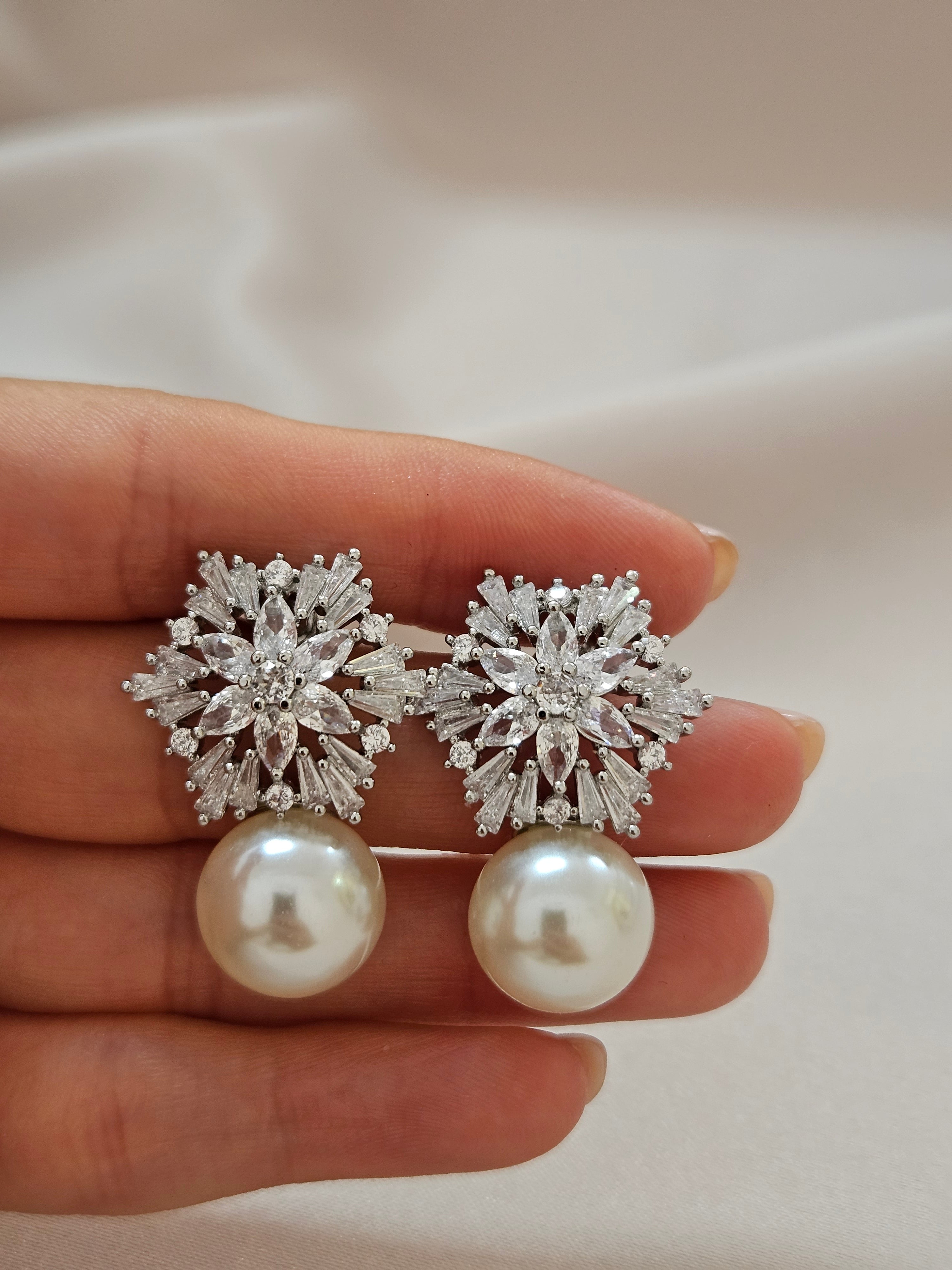 floral statement silver pearl drop bridal earrings