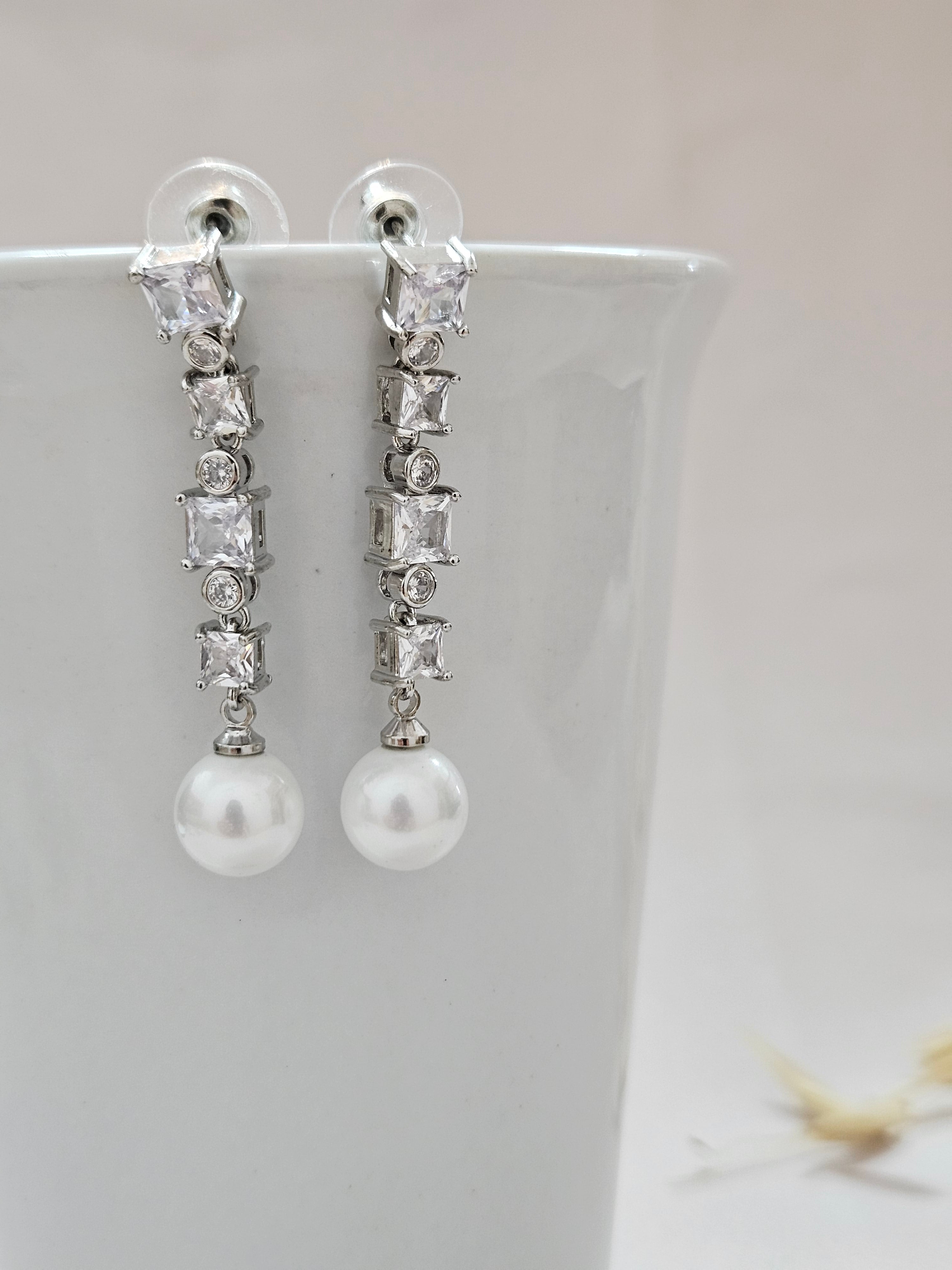 silver CZ wedding long pearl earrings