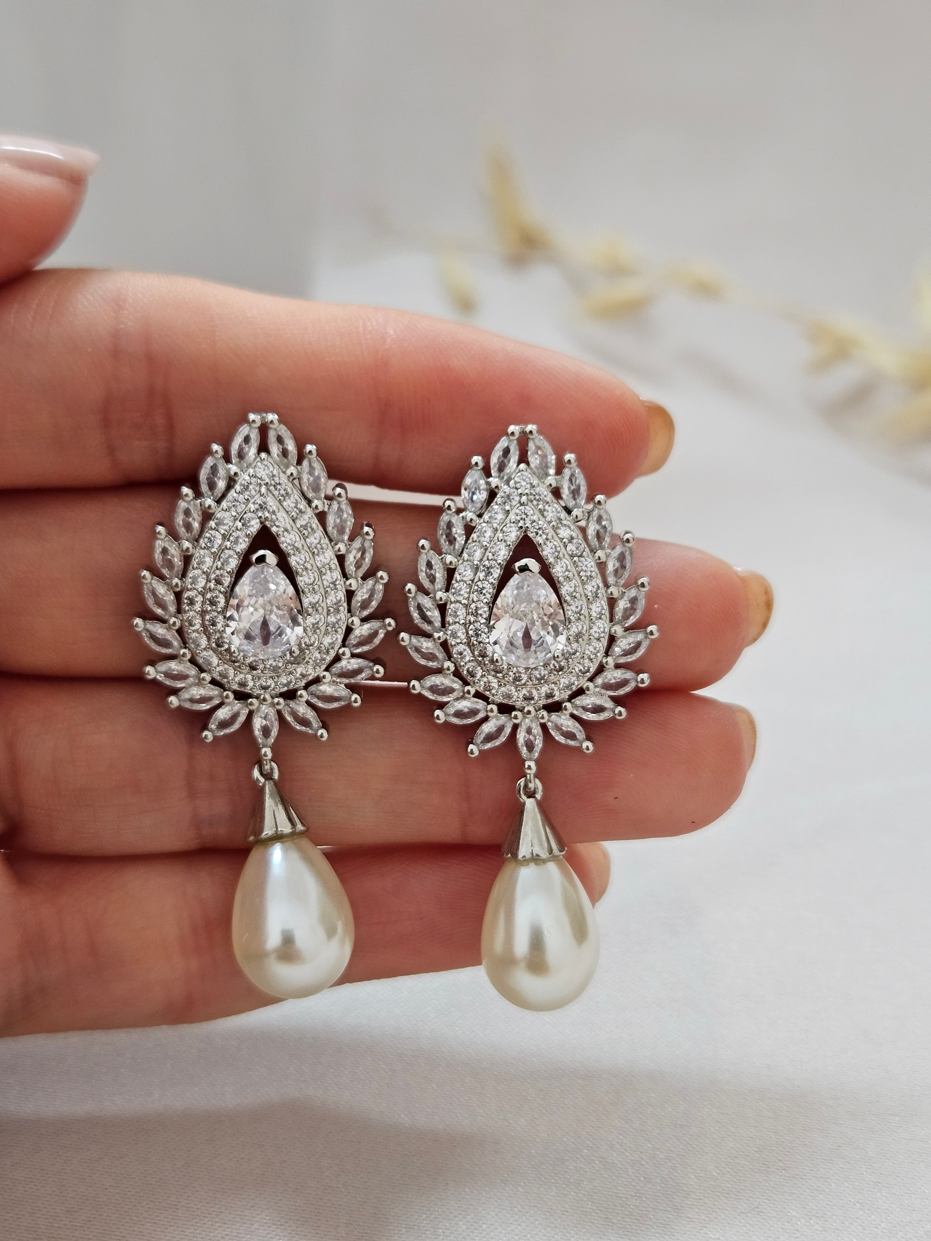 big silver leaf with teardrop freshwater pearl wedding earrings