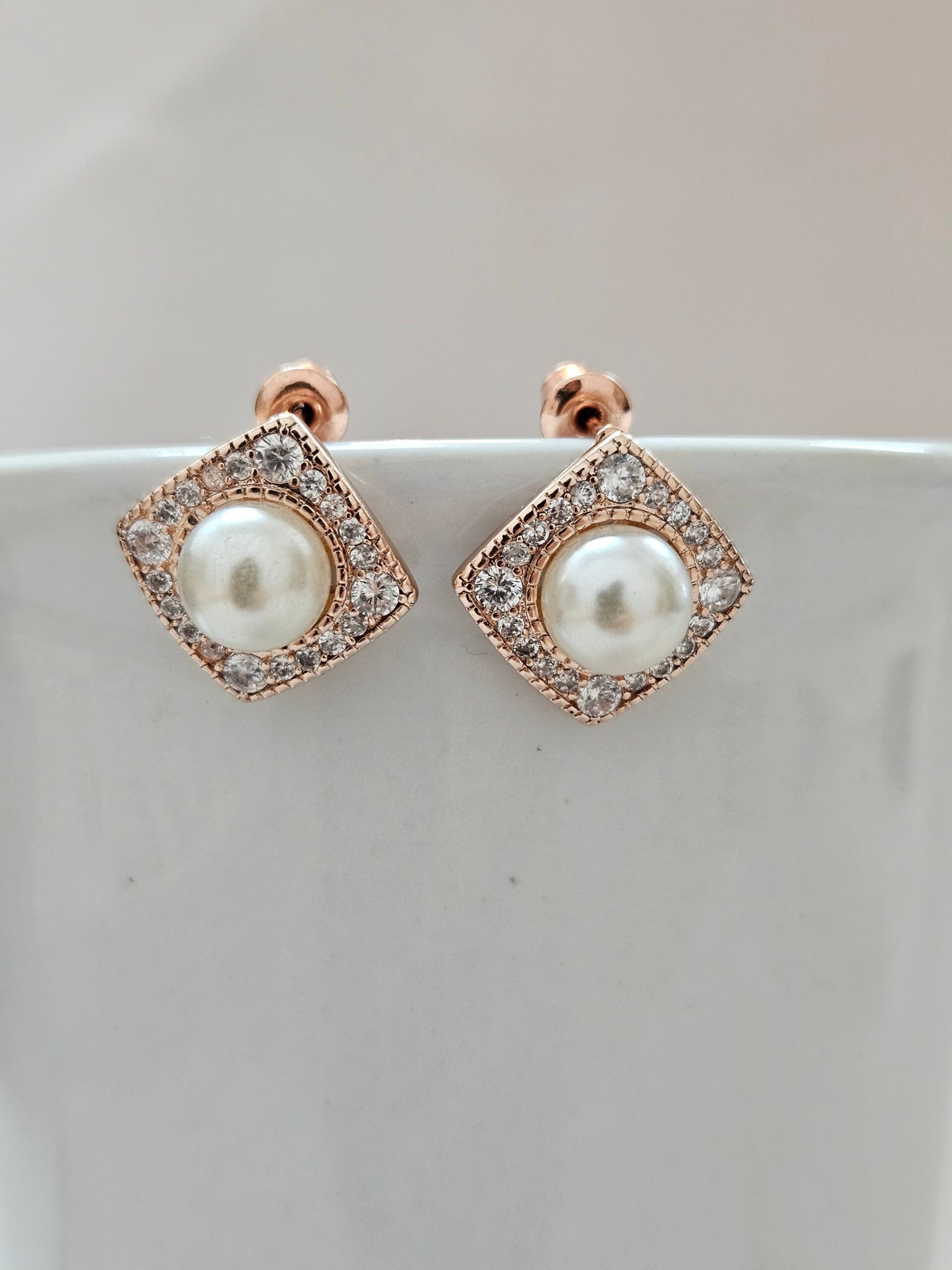 Square Rose Gold Crystal Pearl Stud Earrings