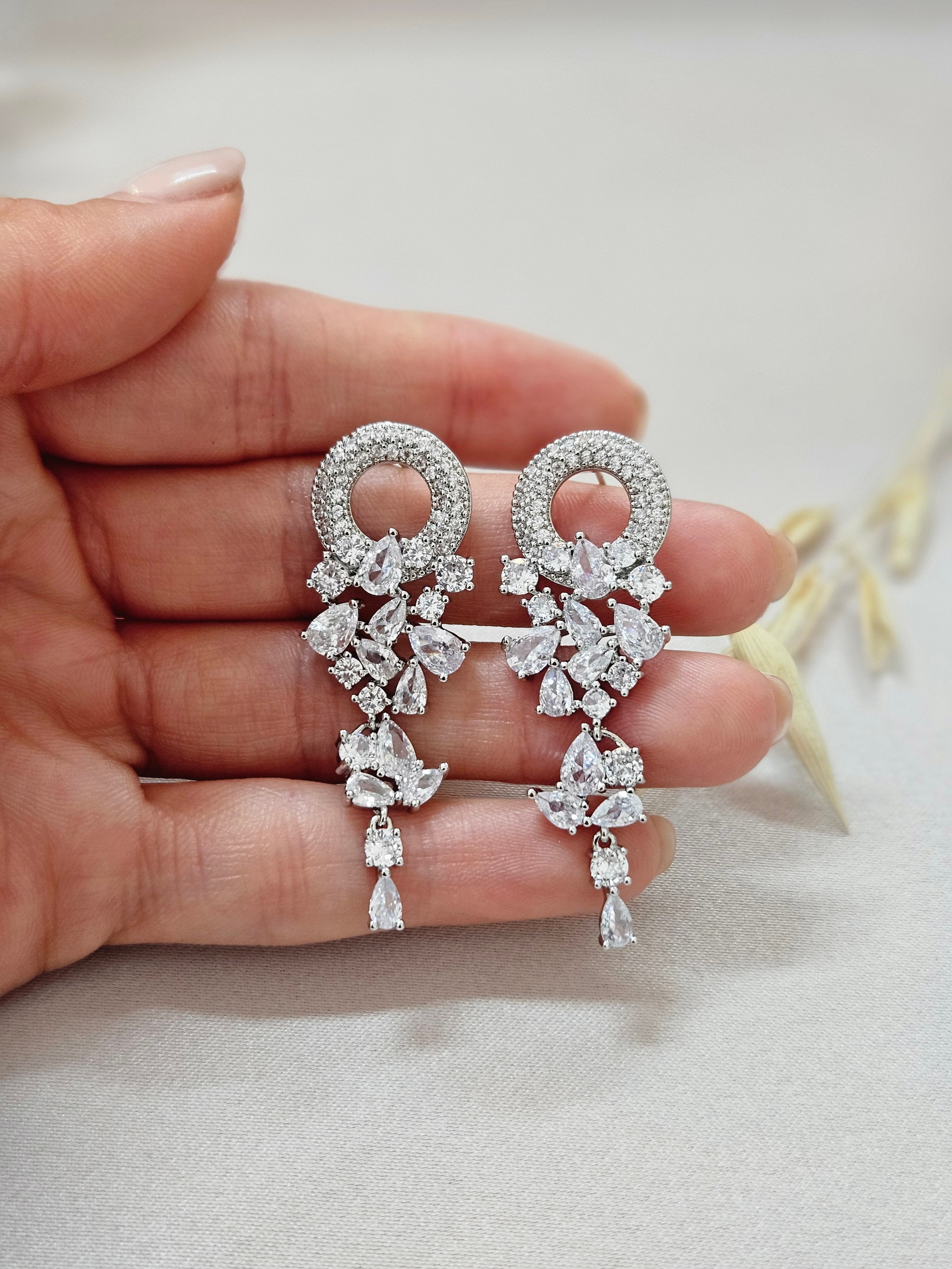 Long Delicate Chandelier Silver Crystal Earrings