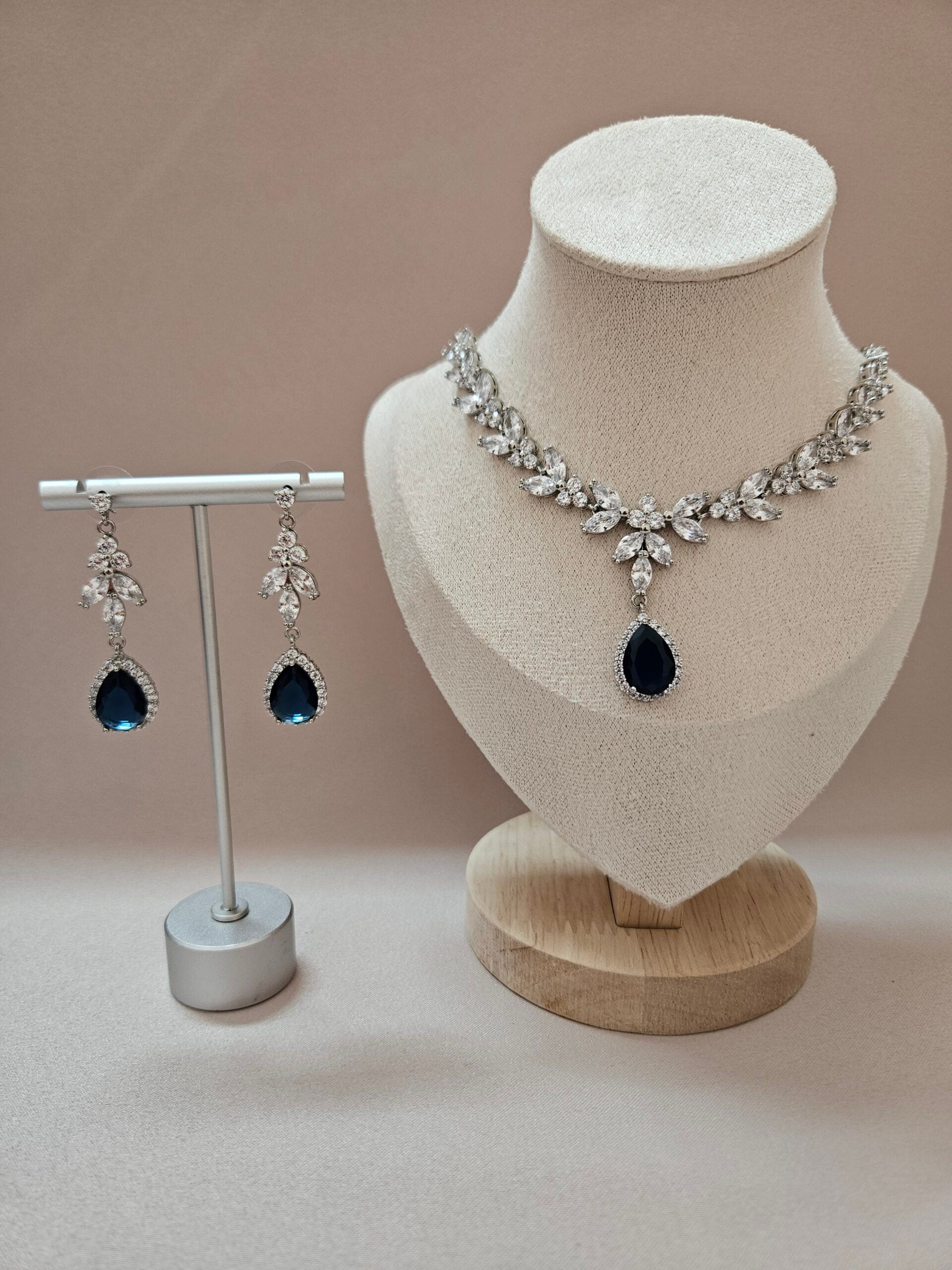 Dark Blue Drop Cubic Zirconia Earrings and Necklace Set - ANSBC