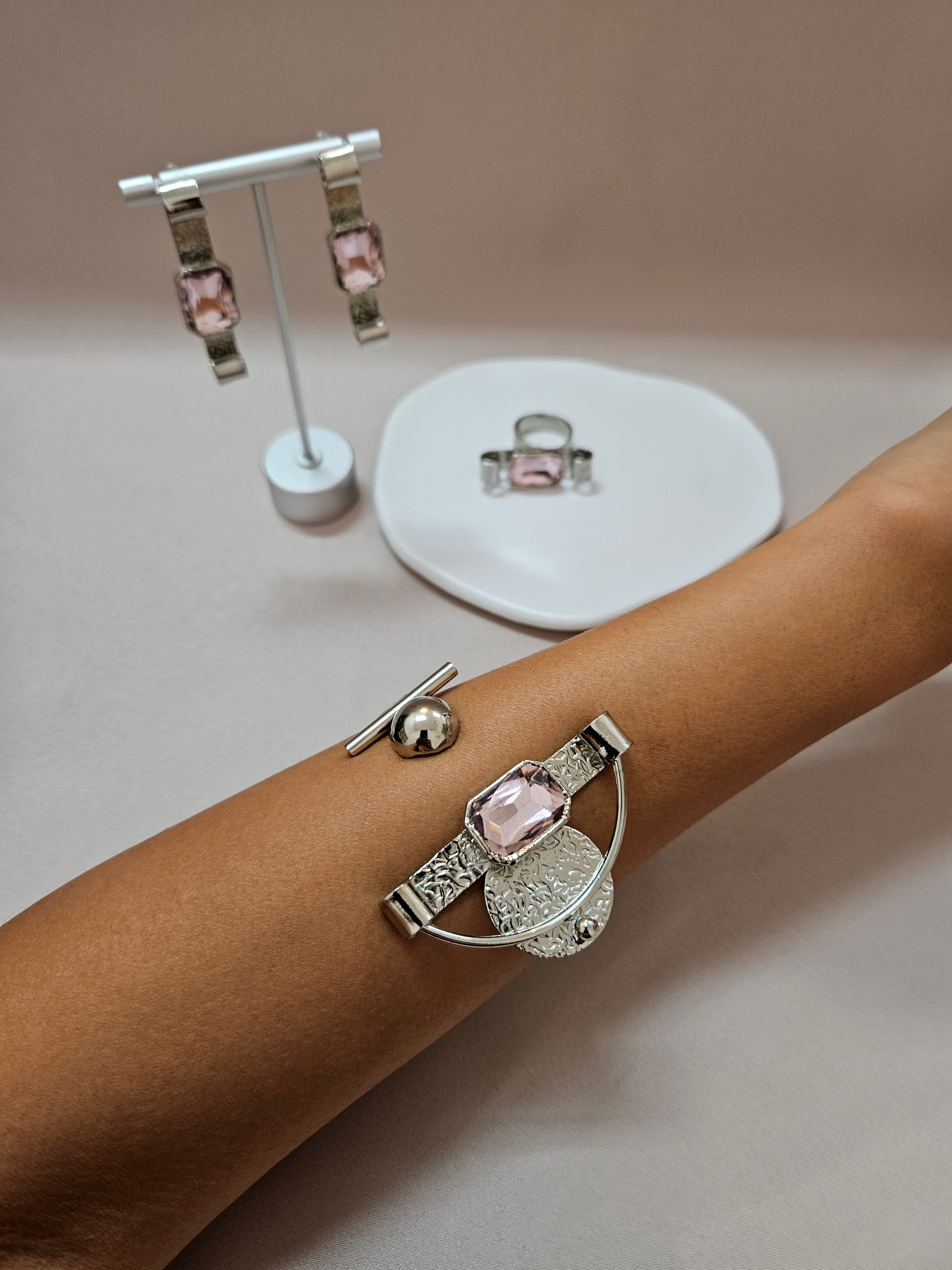 Asymmetrical Pink Stone Jewelry Set