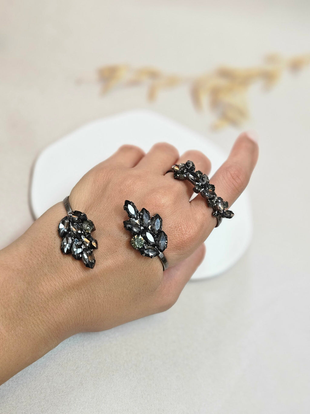 Gray Cuff Bracelet And Two finger Double Ring