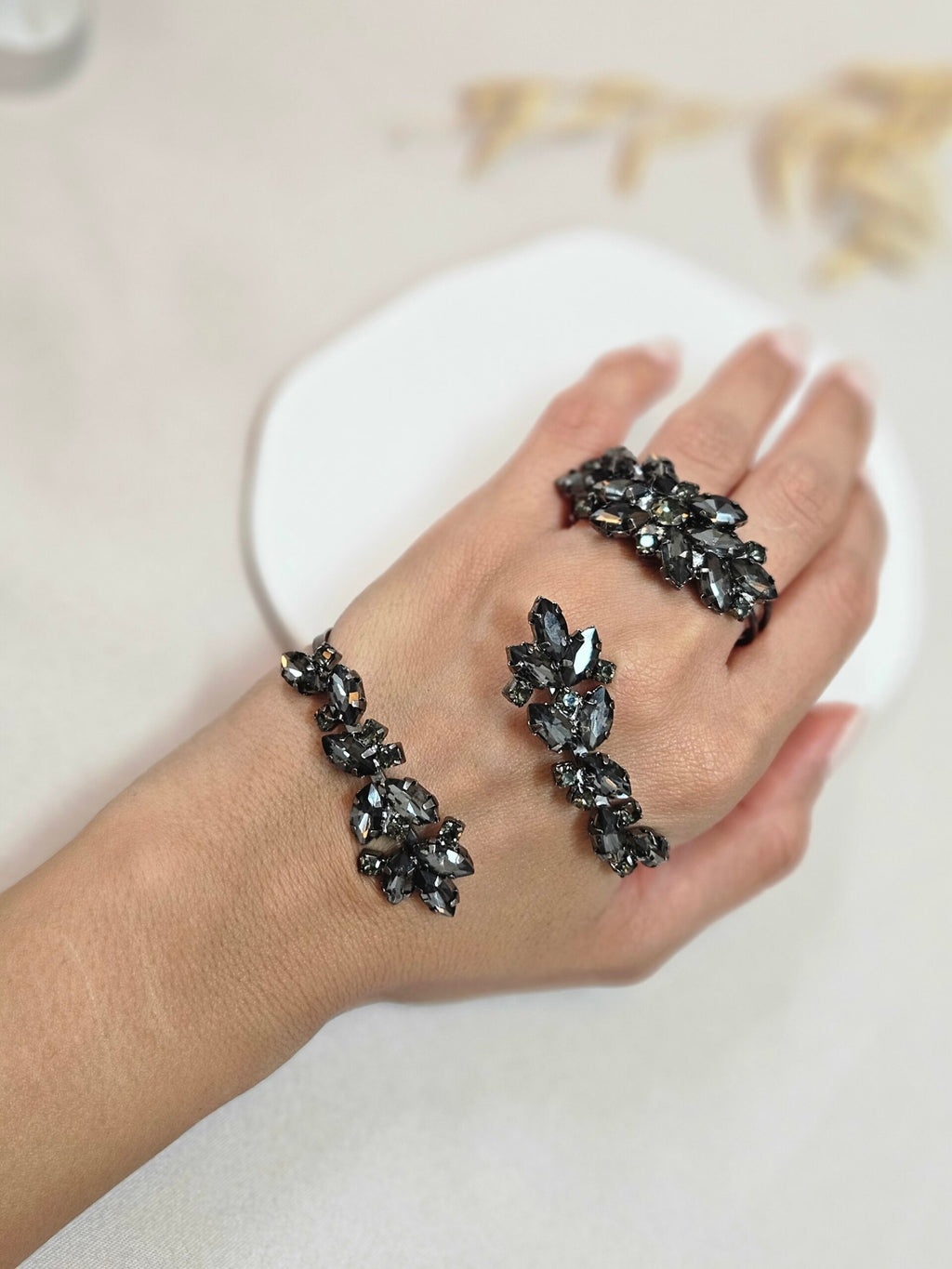 cubic zirconia black diamond gray palm bracelet with adjustable double ring 