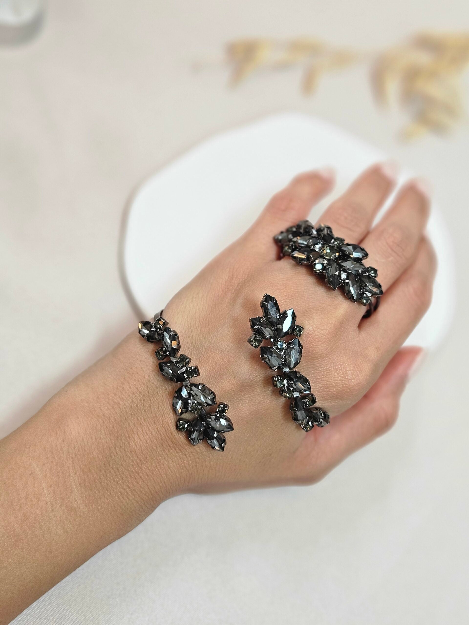 Black Diamond Cuff Bracelet Set And a Doubled Adjustable Ring - TBSG