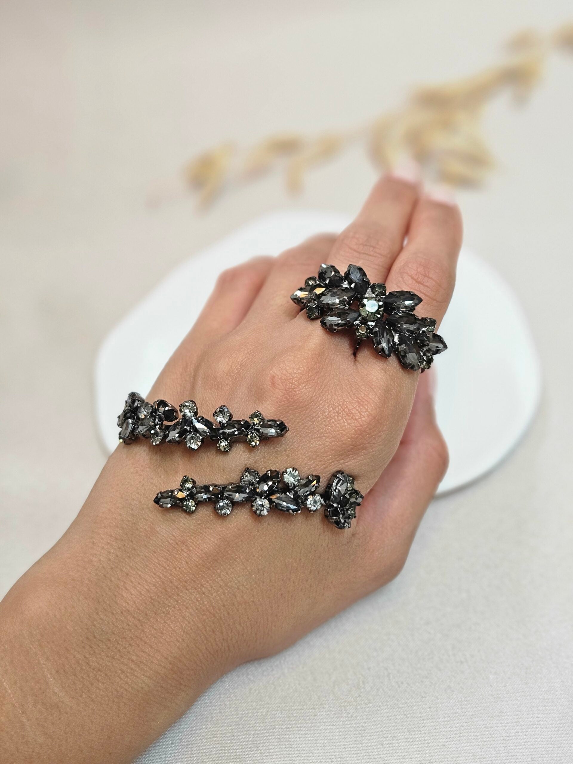 Black Diamond Cuff Bracelet And Two Fingers ring -TBSG