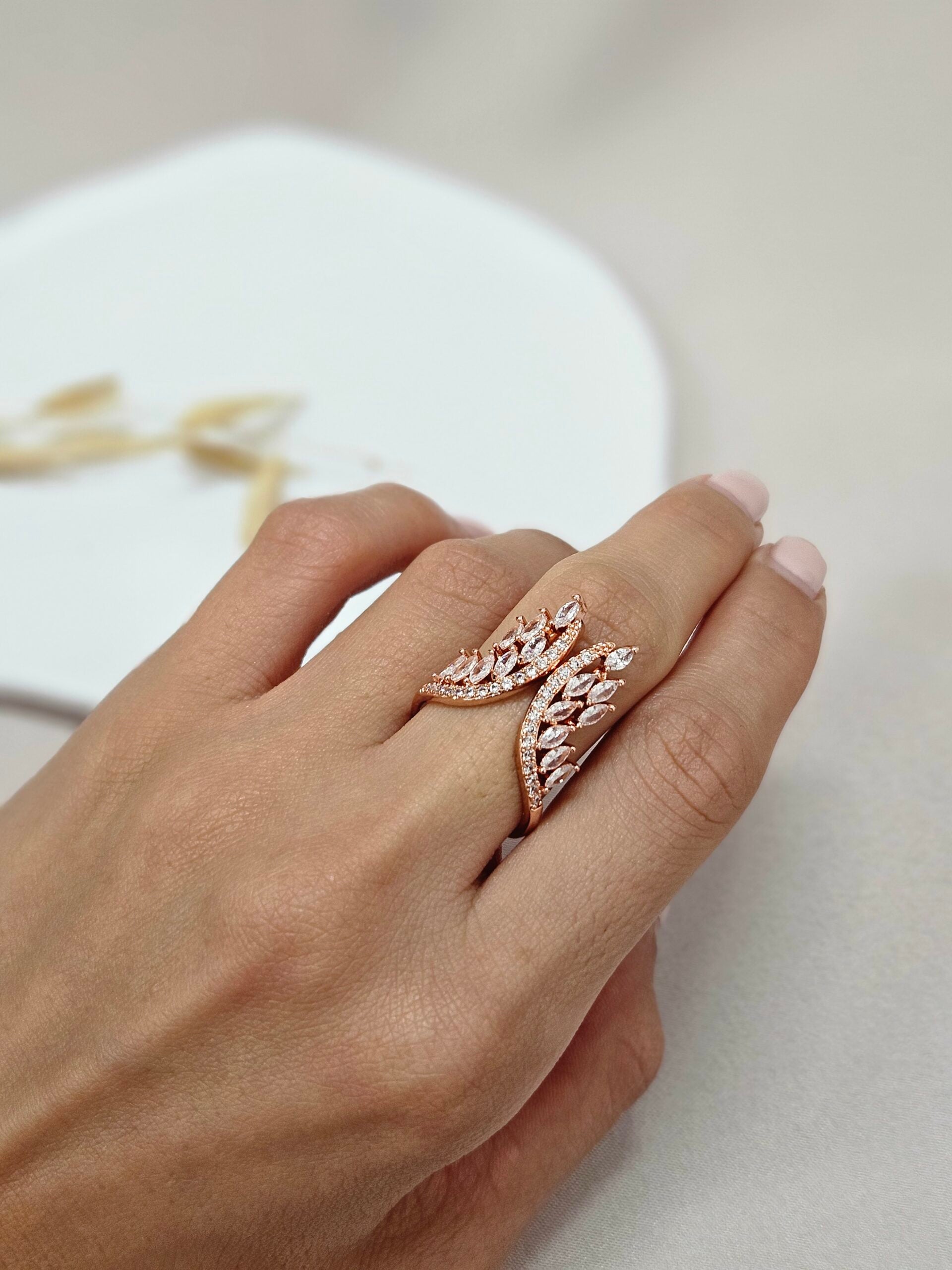 Adjustable Rose Gold Clear Crystal Mirrored Wings Ring - ARRC