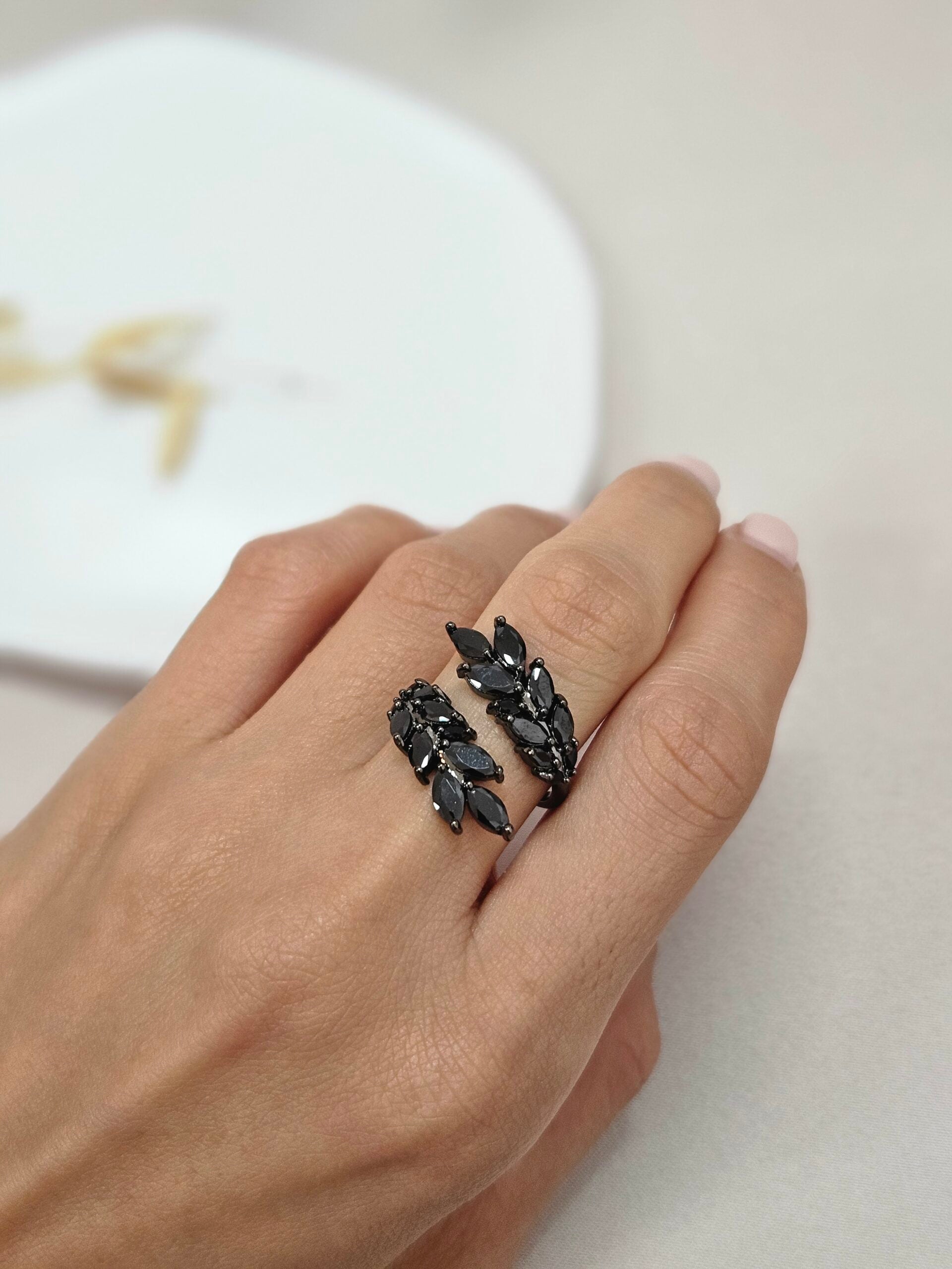 Black Open Cuff Crystal Ring - ARBC