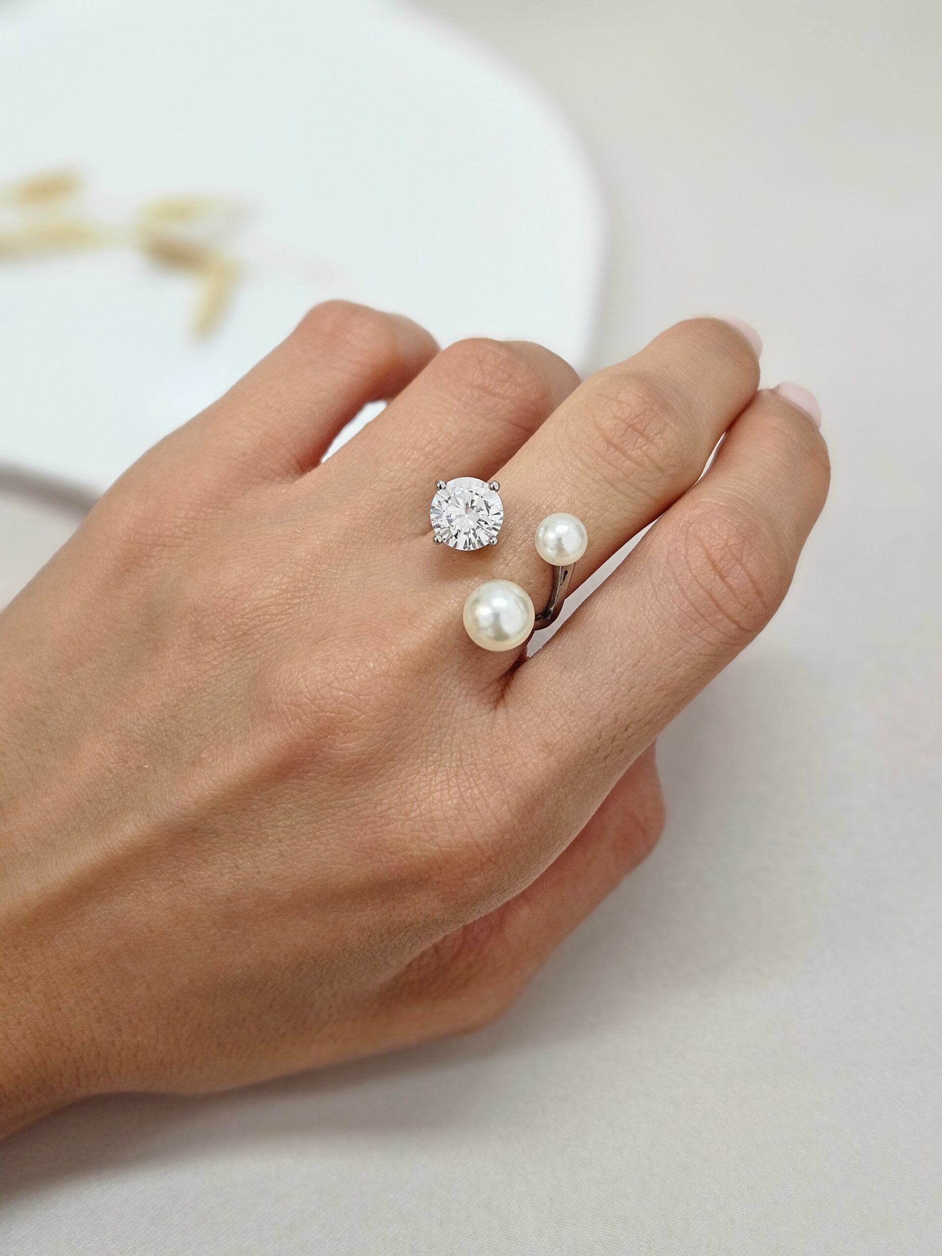 Open Pearl And Crystal Ring - ARSP1