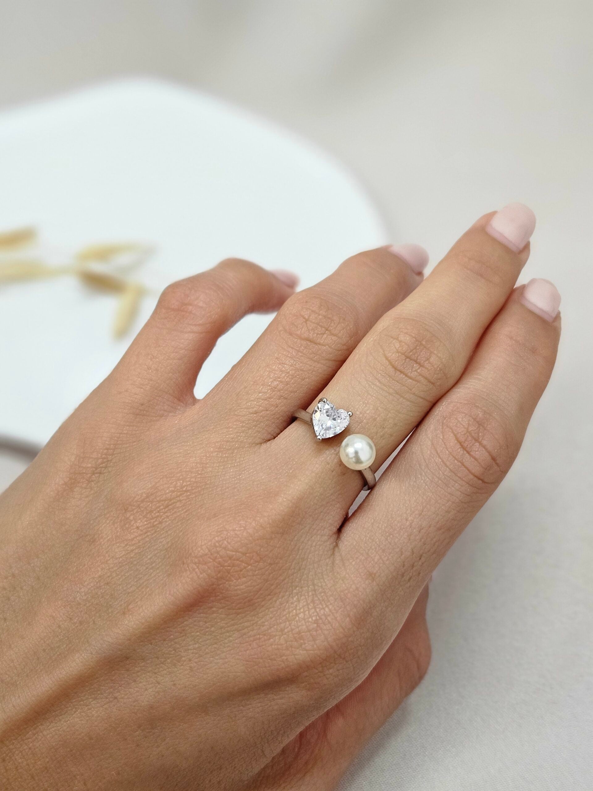 Silver Open Cuff Ring with Heart and Pearl - ARSP2.