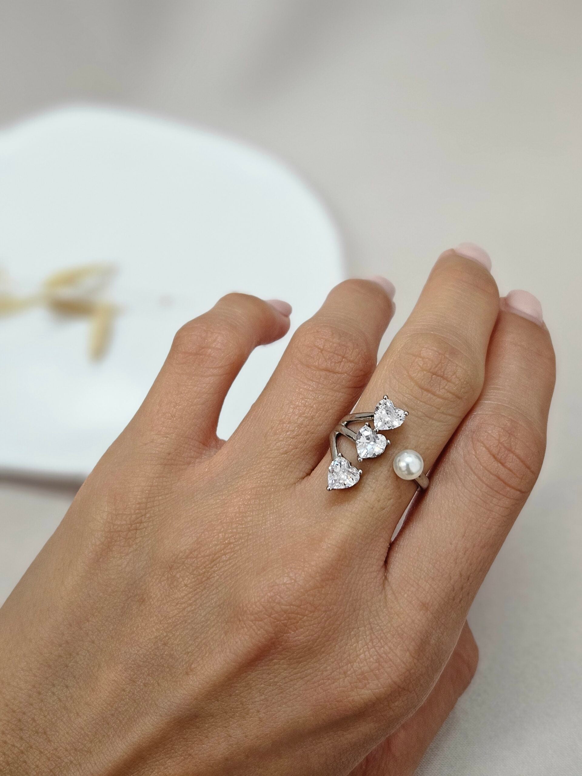 Silver Open Cuff Ring with Three Hearts and a Pearl - ARSP3