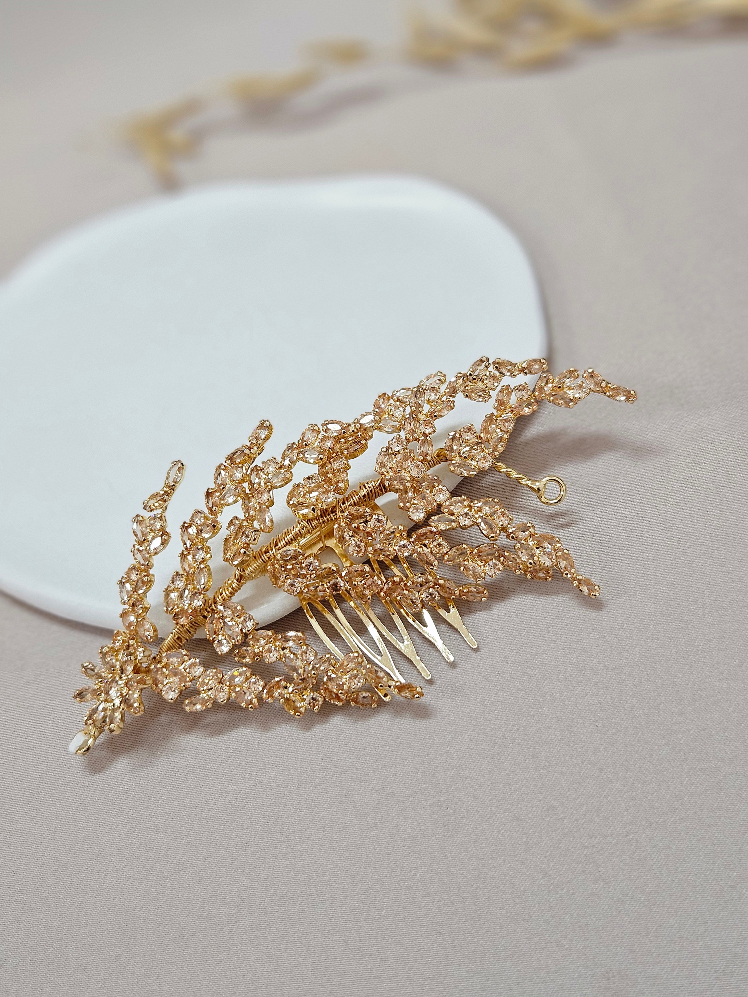 Bridal Leaf-Shaped Champagne Hair Comb