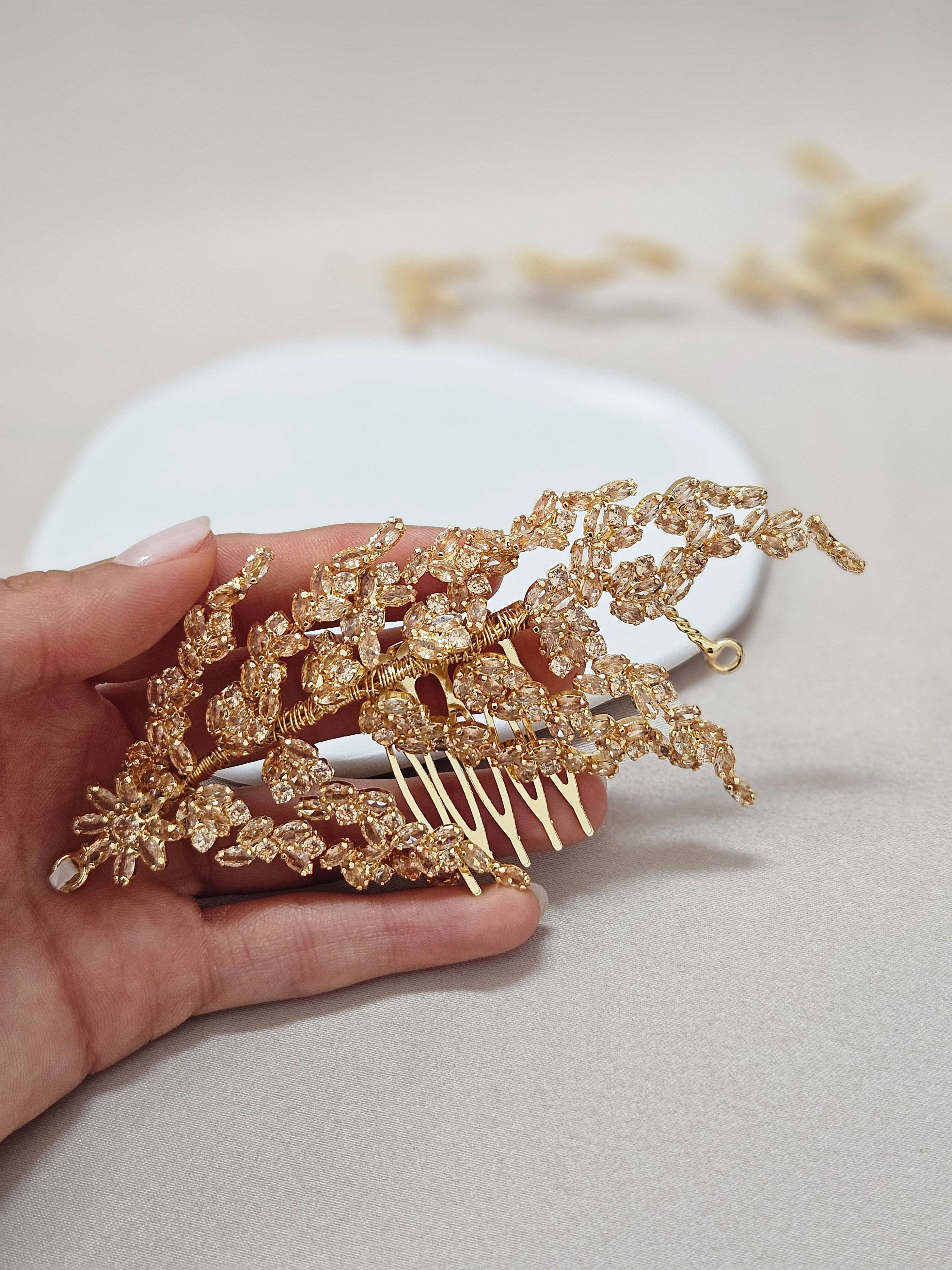 Bridal Leaf-Shaped Champagne Hair Comb