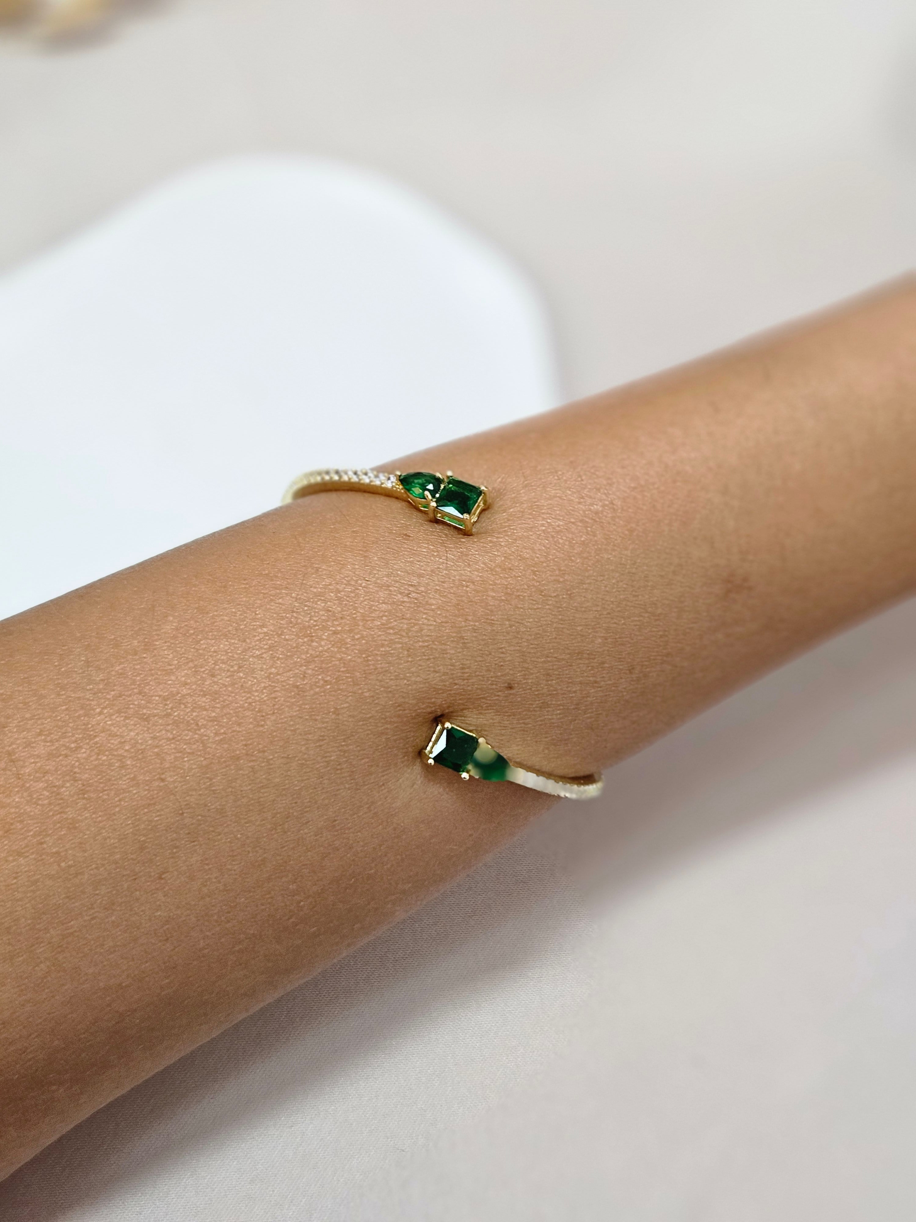 Delicate Gold Emerald Green Cuff Bracelet