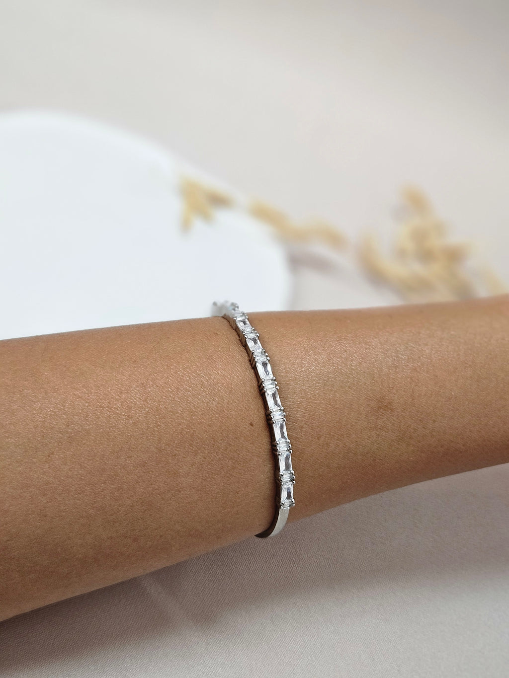 Silver Crystal Bridal Bangle — Adjustable Cuff Bracelet