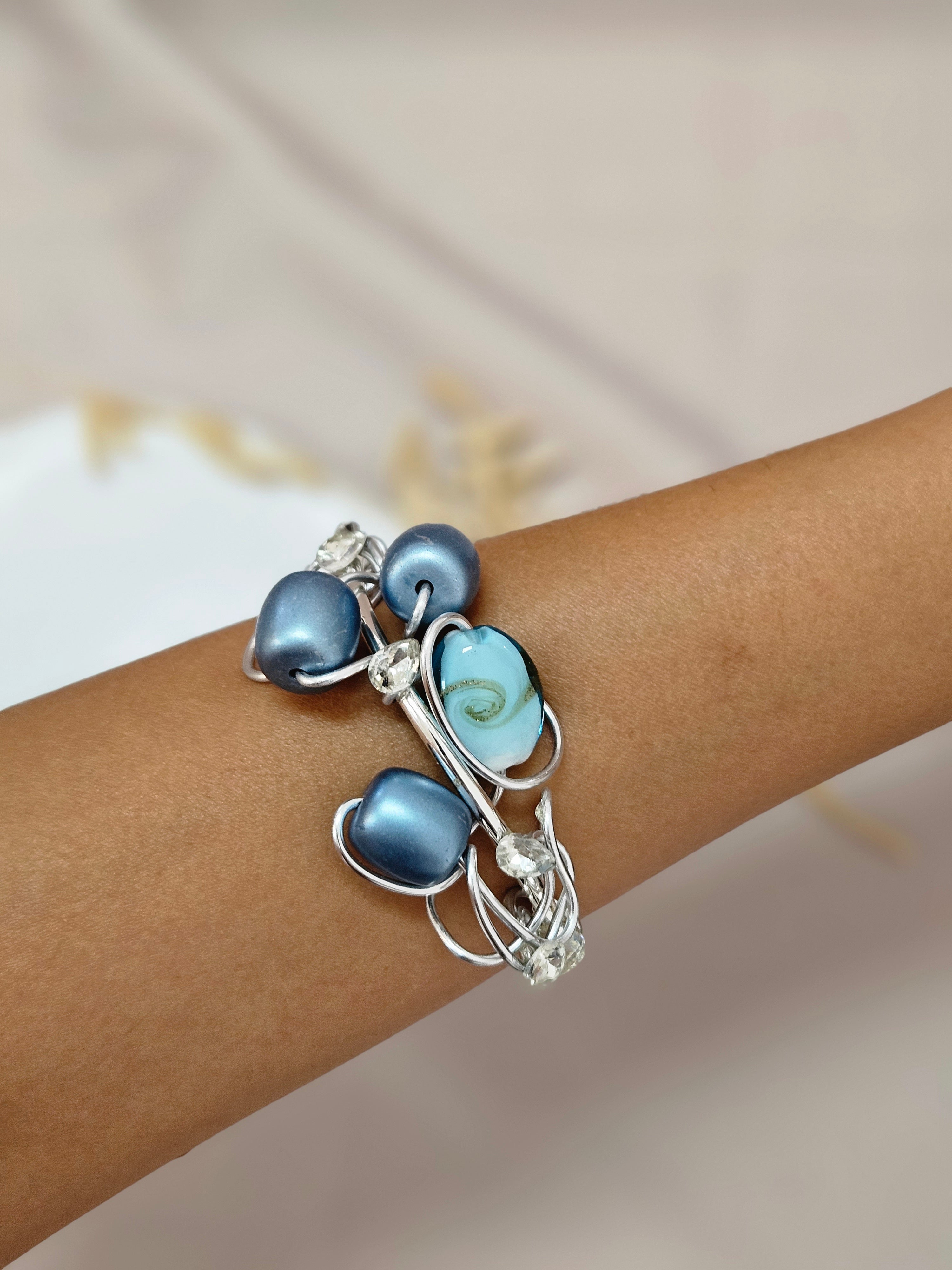 Assymmetical Blue Beaded Bracelet Set