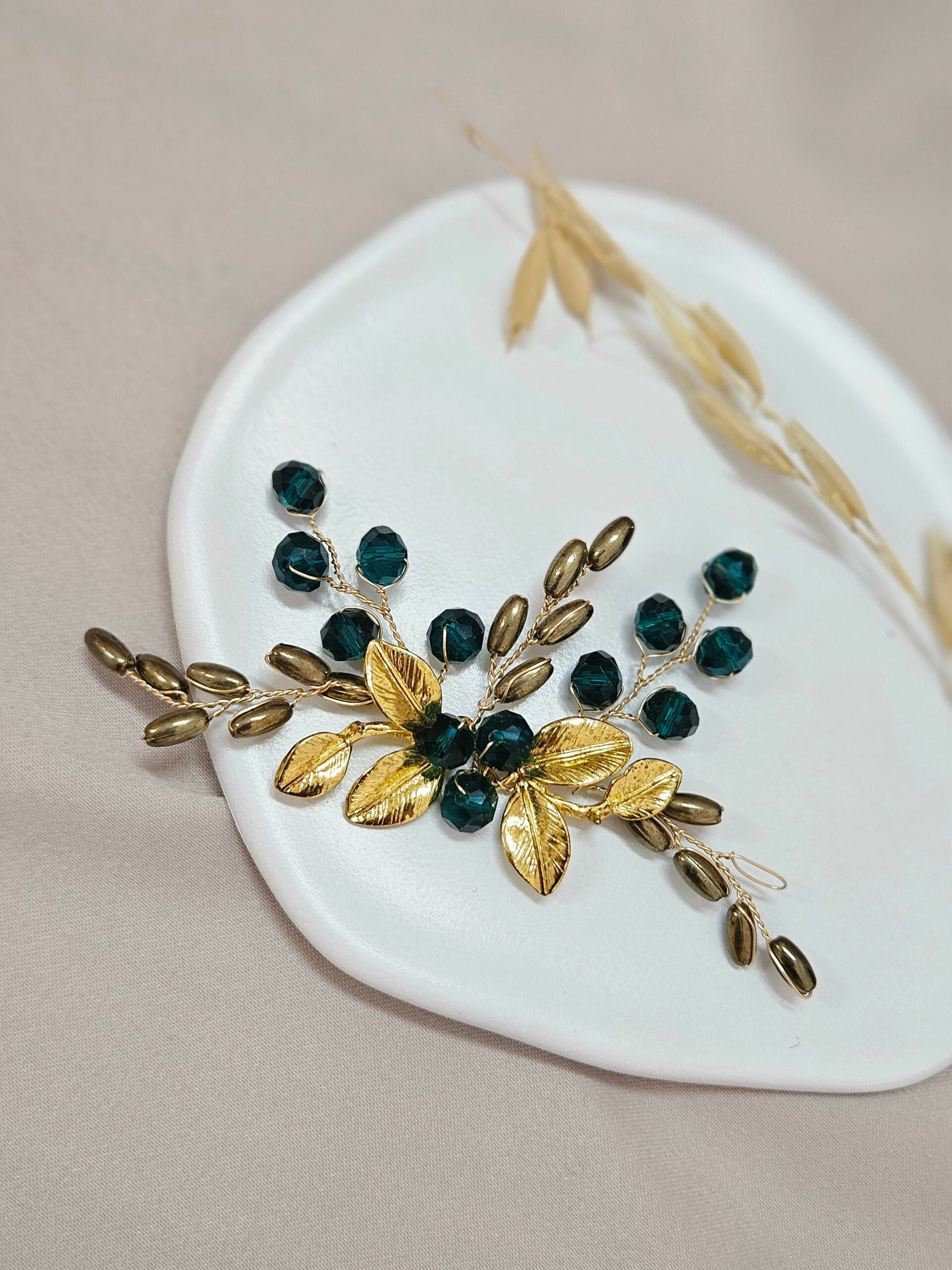 Emerald Green And Gold Floral Hair Piece - HHPGLG