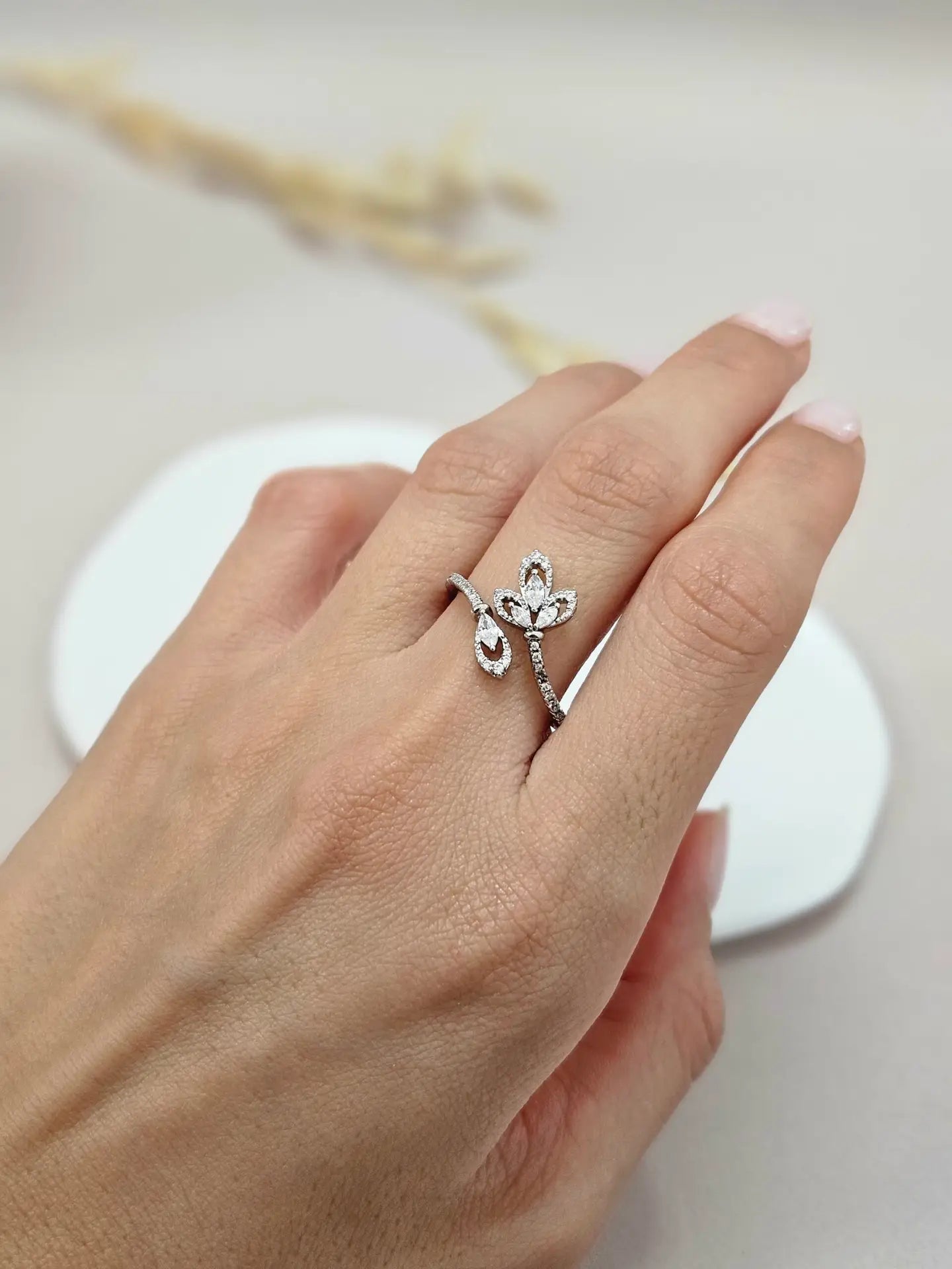 Silver Delicate Floral Open Cuff Ring  - TRG