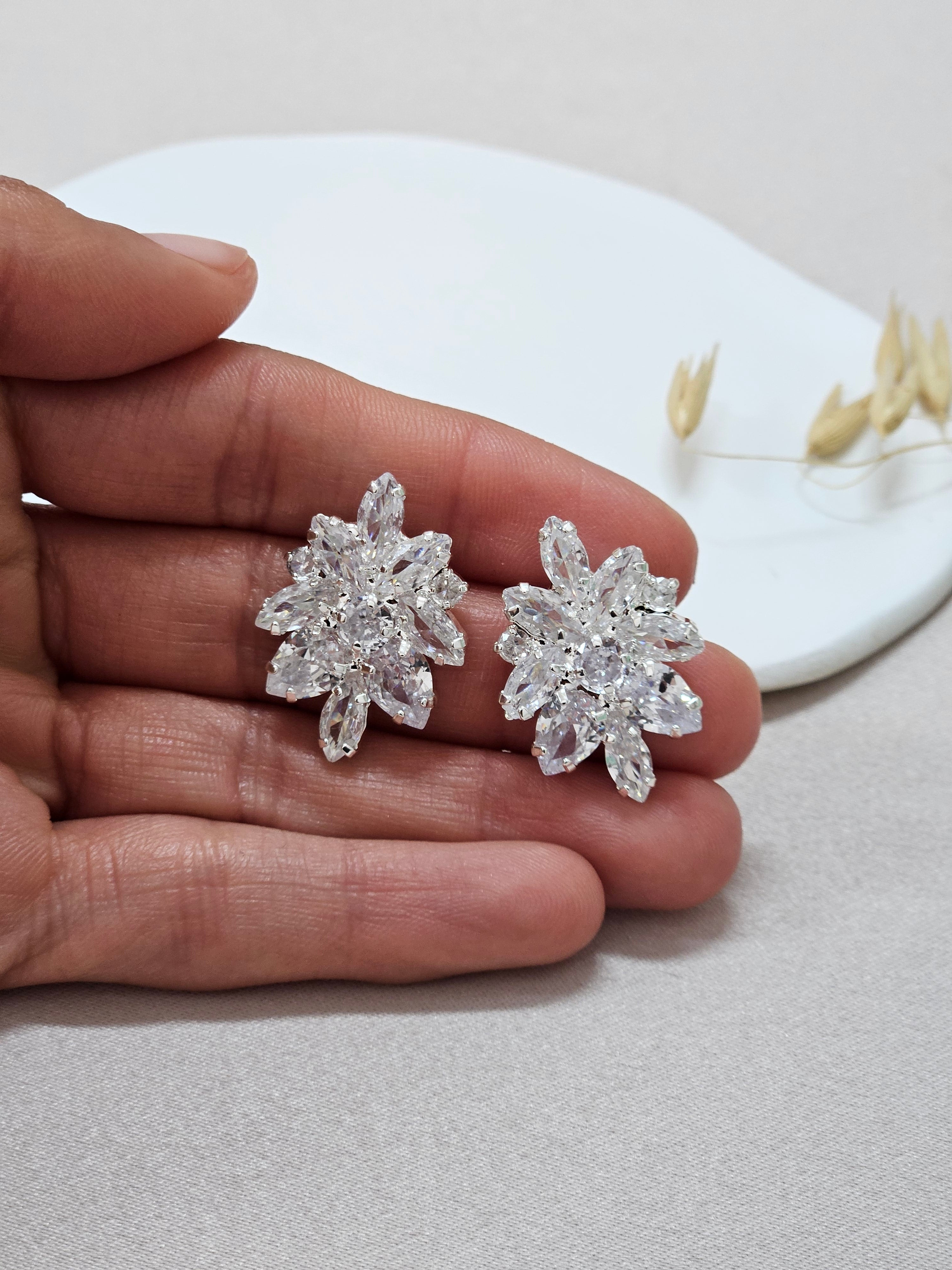 Floral Silver Bridal Stud Earrings