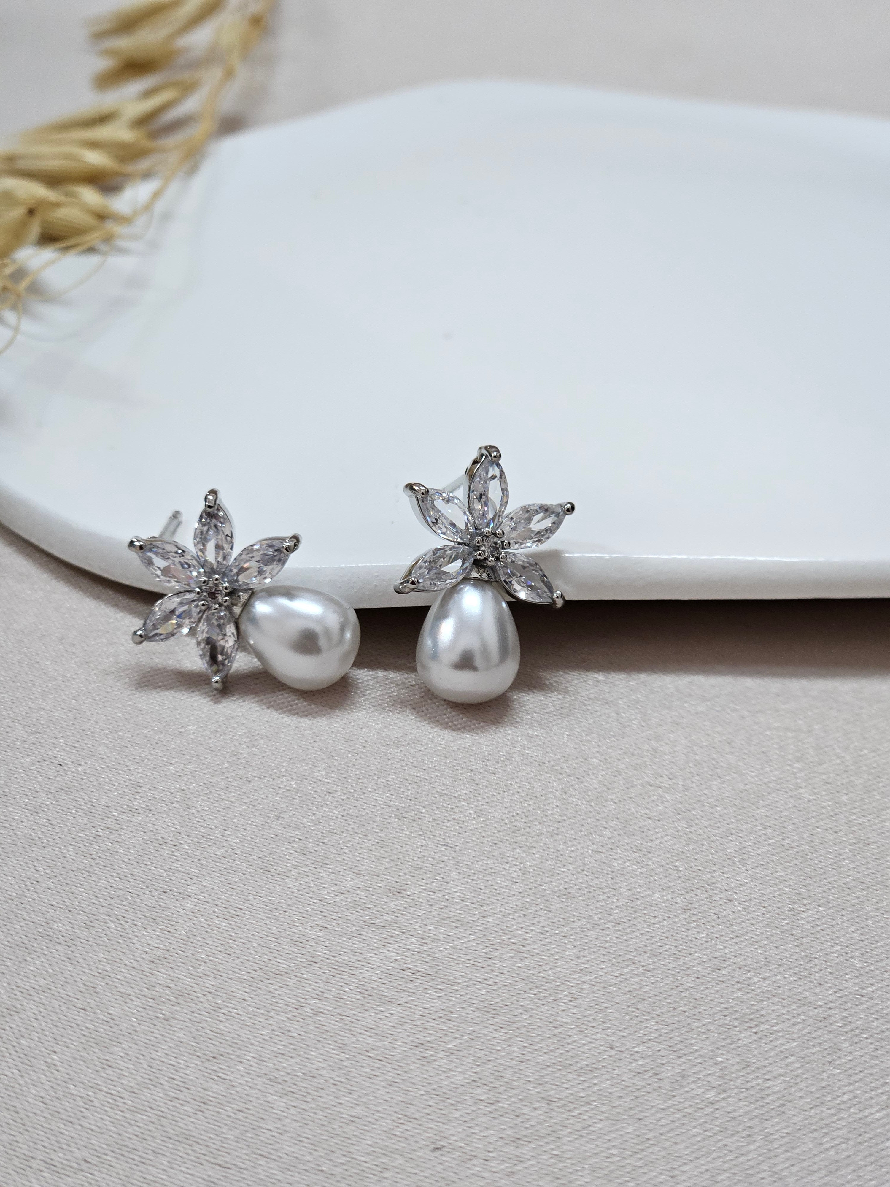 small delicate pearl floral cubic zirconia earrings 