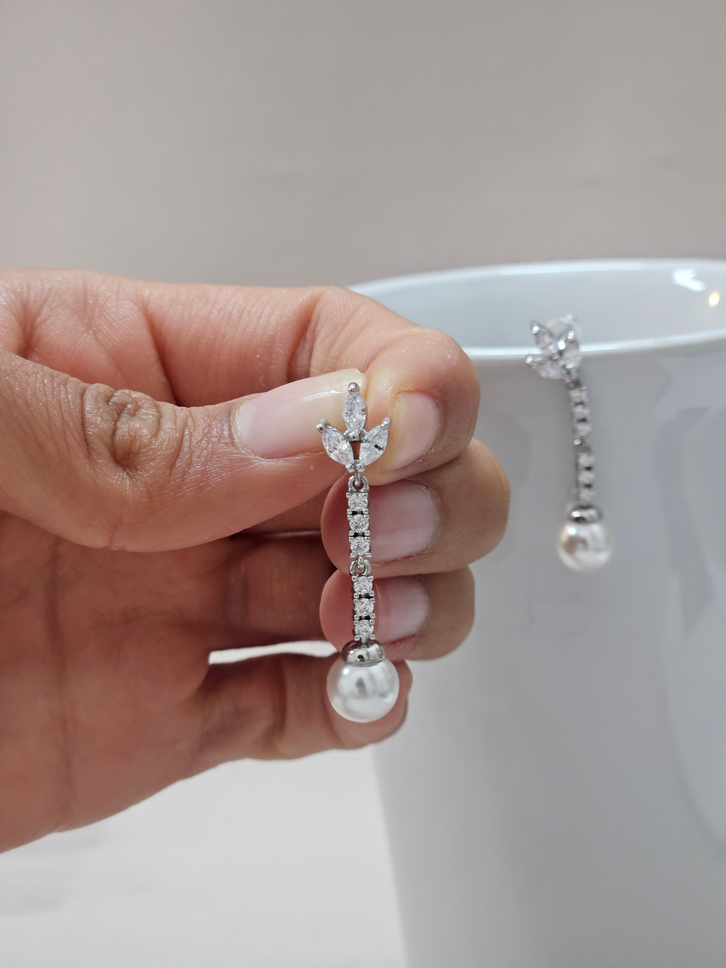 silver bridal cubic zirconia pearl drop earrings