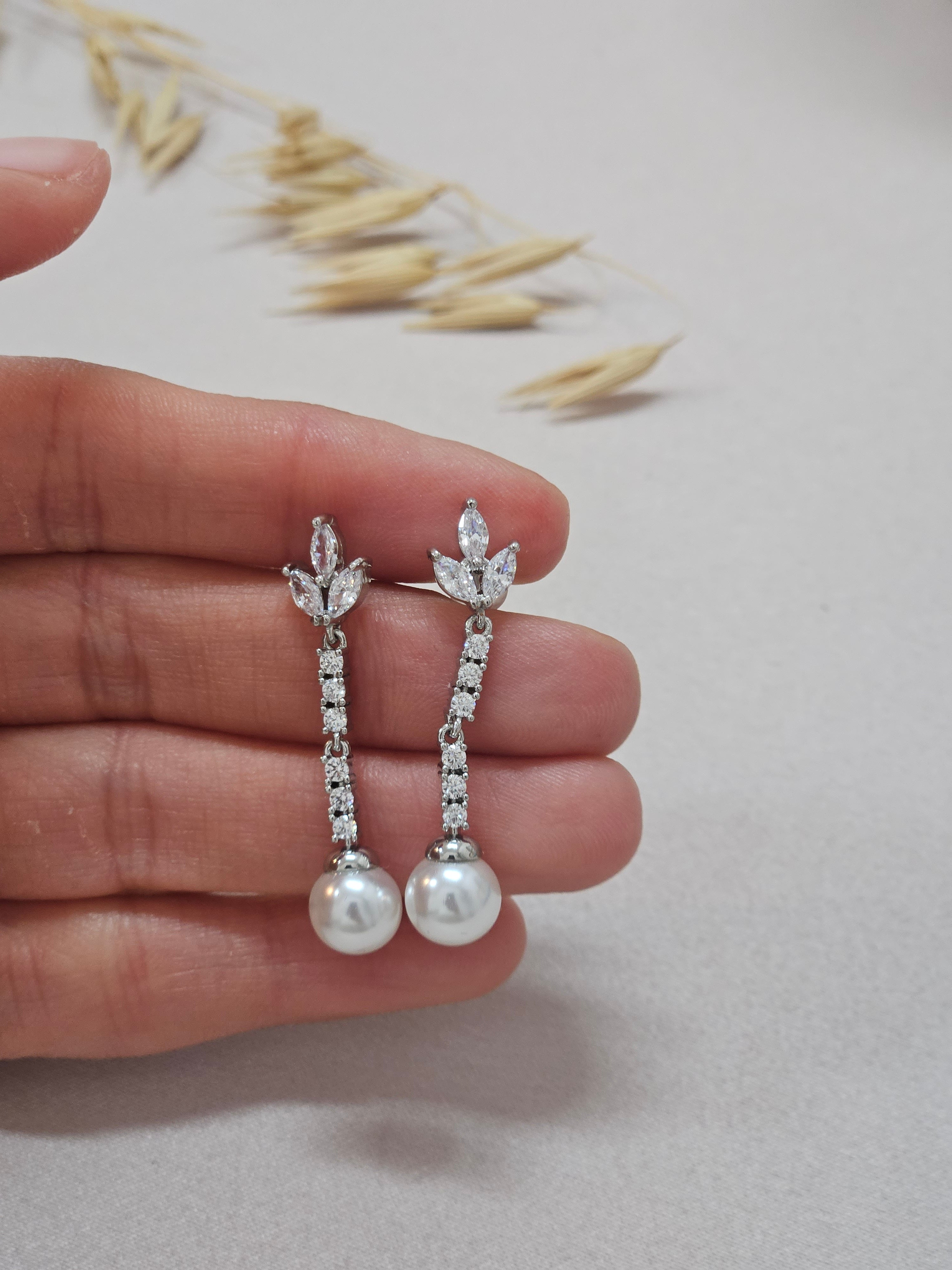 pearl drop bridal silver earrings
