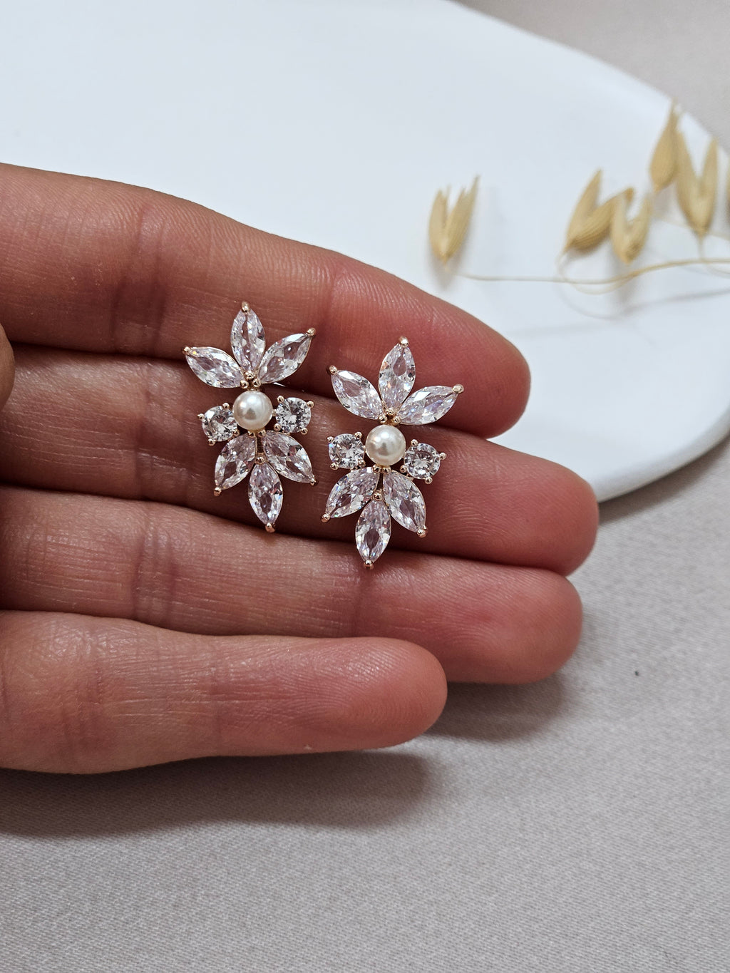 Rose Gold Floral Pearl Earrings