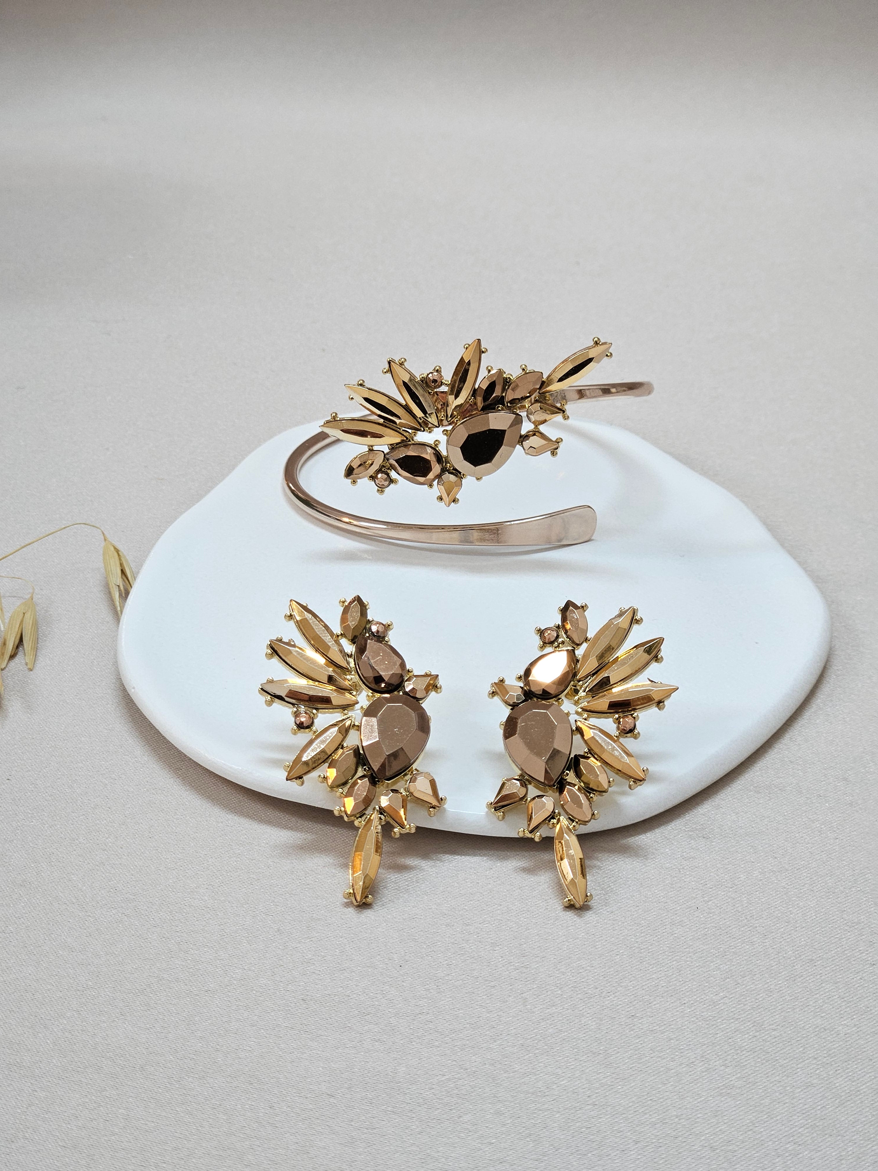 huge floraal bronze earrings and matching open cuff bronze bracelet 