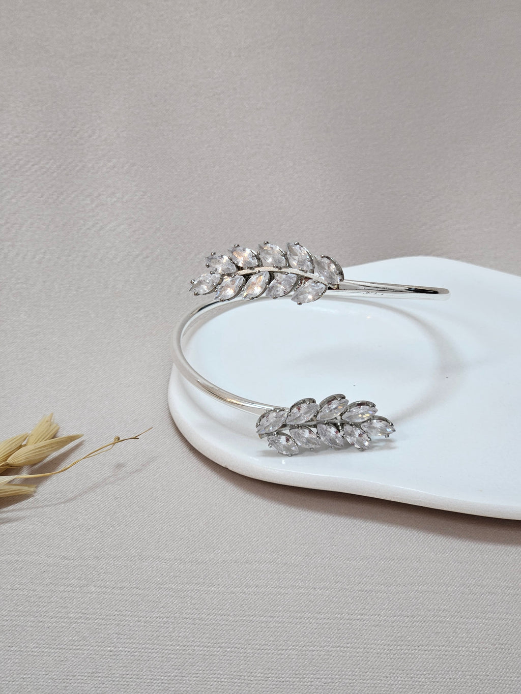 Adjustable Silver CZ Leaf Bangle