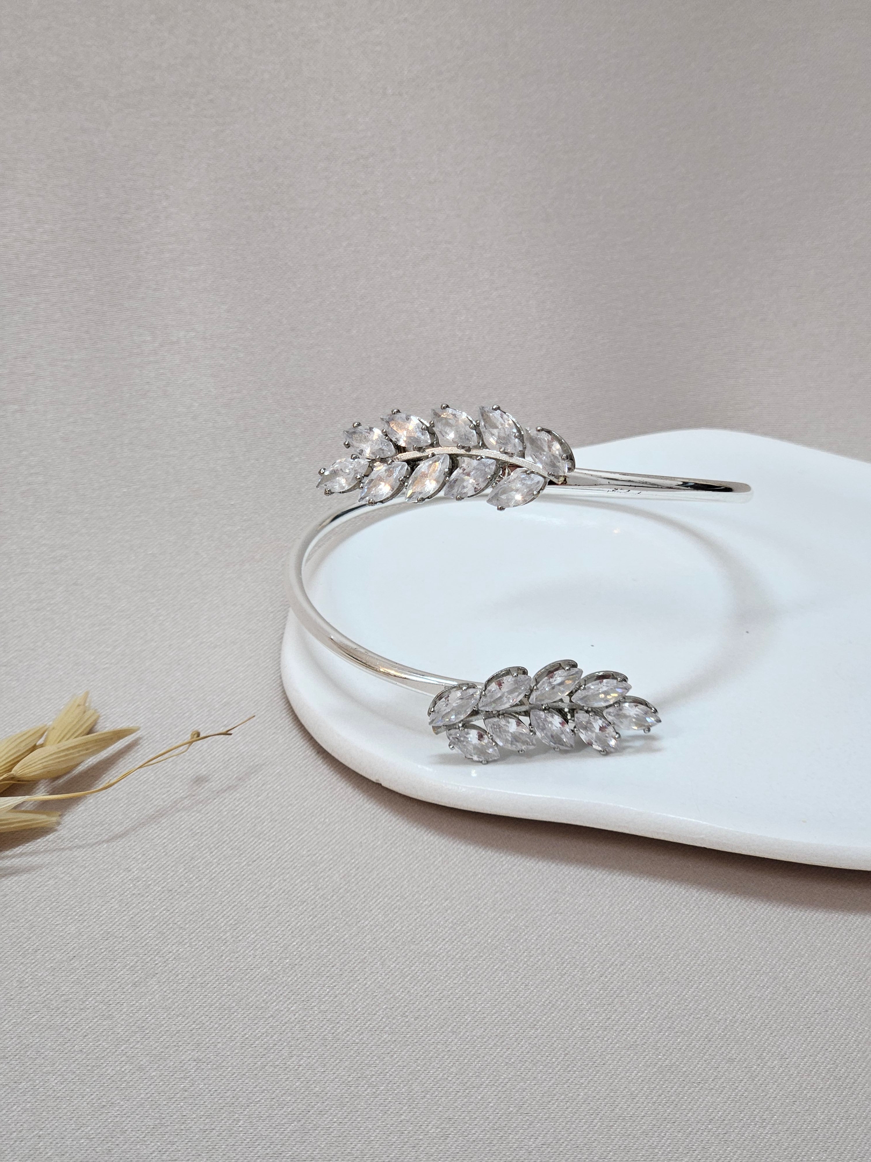 Adjustable Silver CZ Leaf Bangle