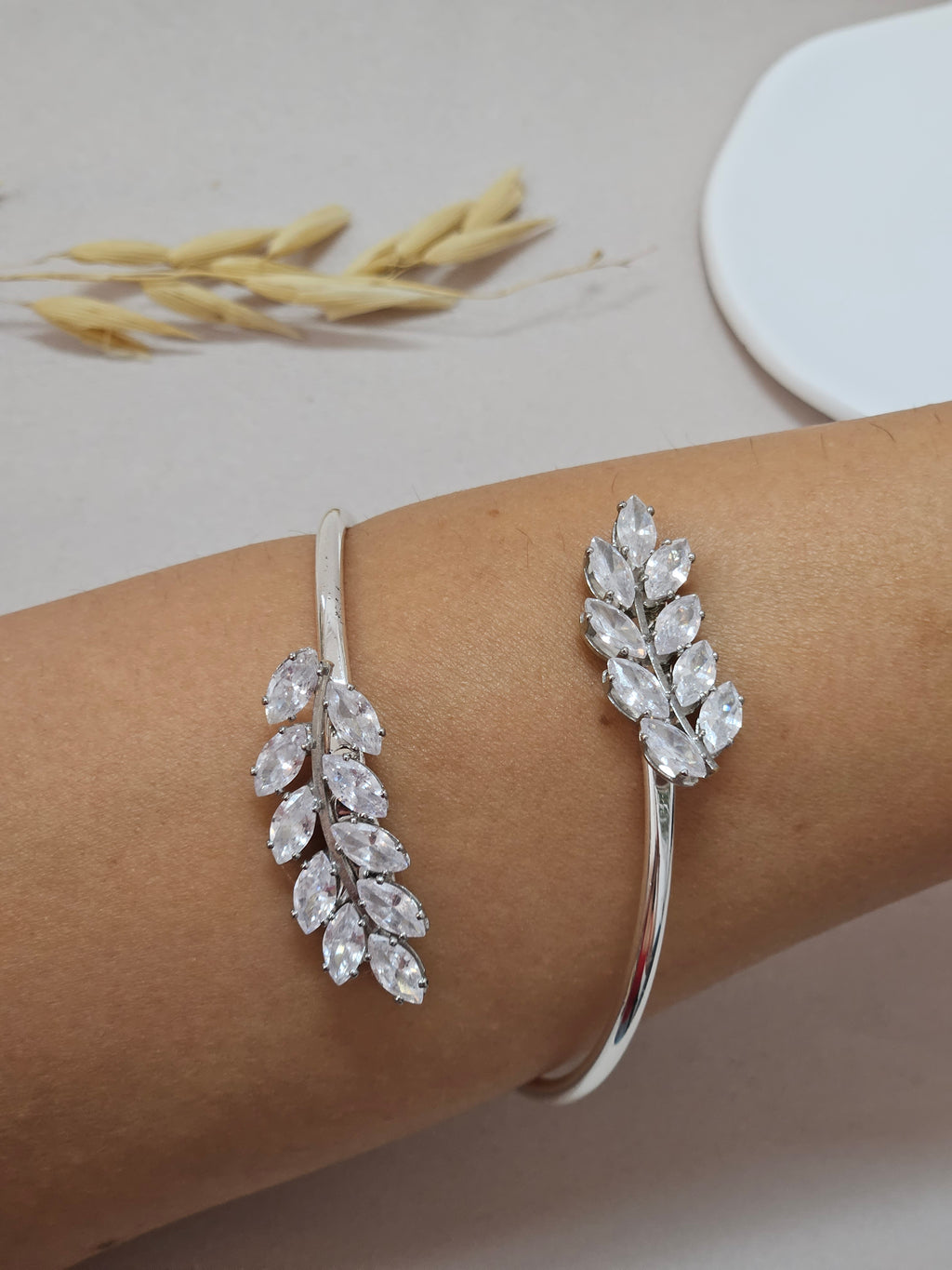Adjustable Silver CZ Leaf Bangle