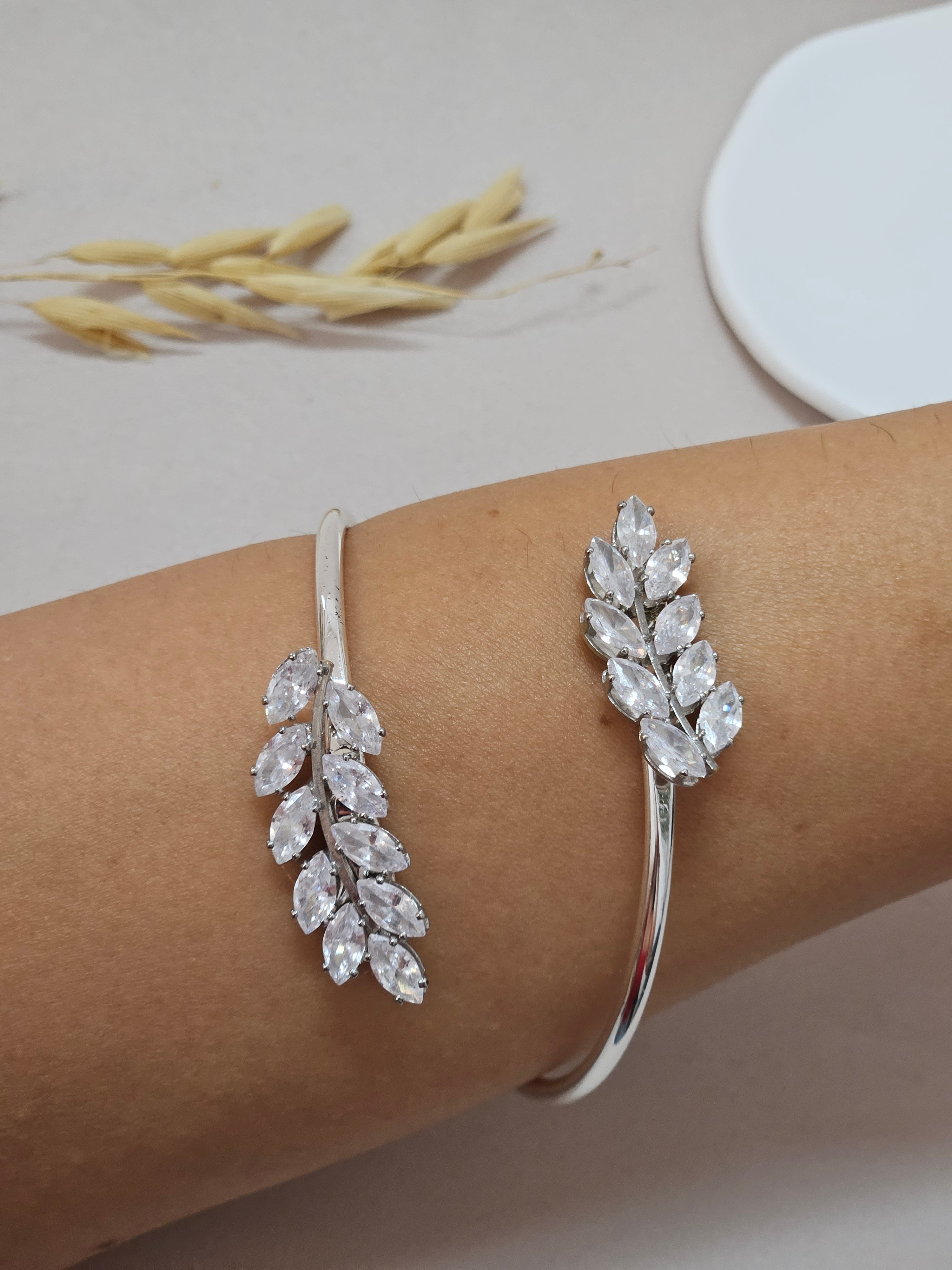 Adjustable Silver CZ Leaf Bangle