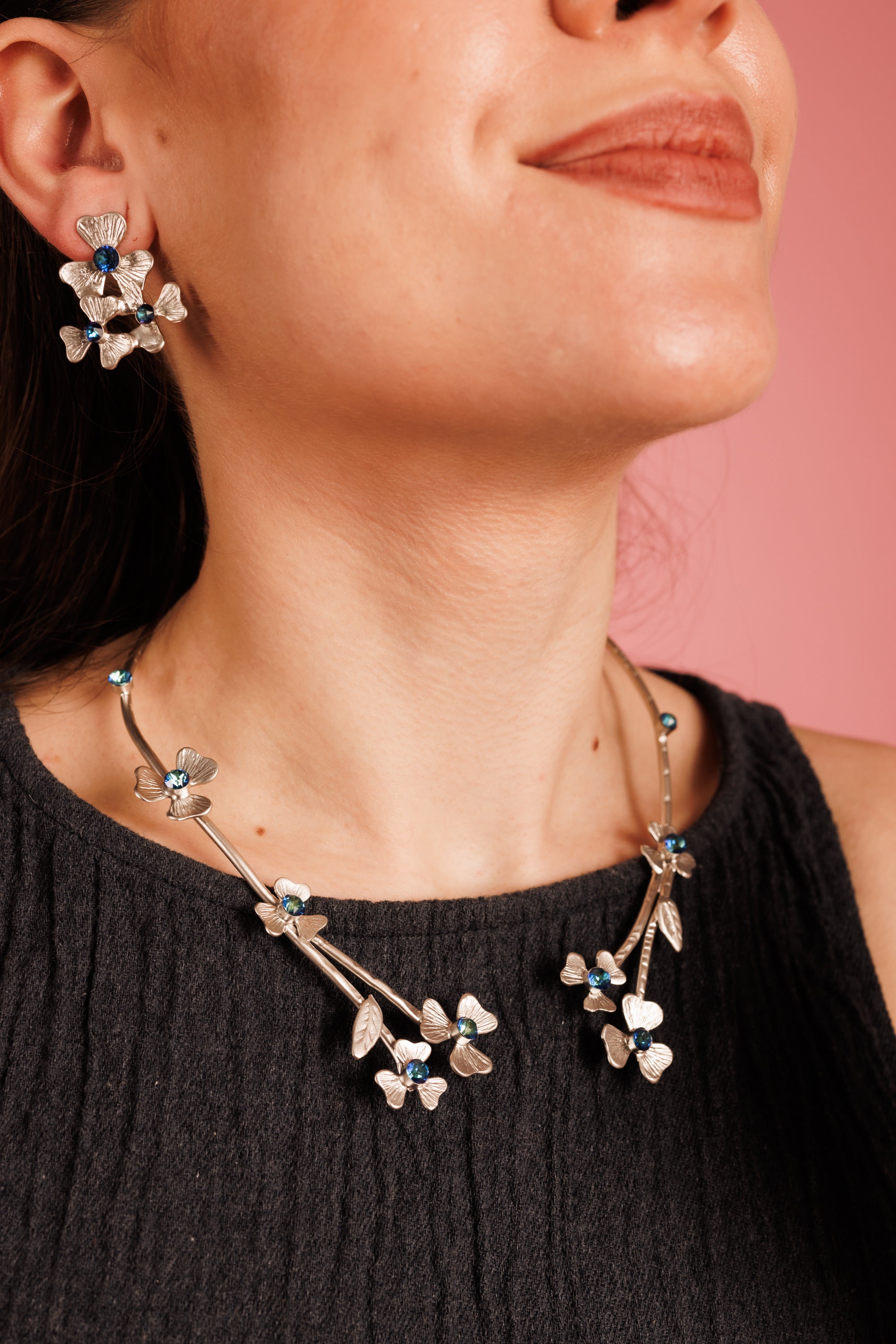 Silver Bloom Jewelry Set Adorned with Blue Crystals