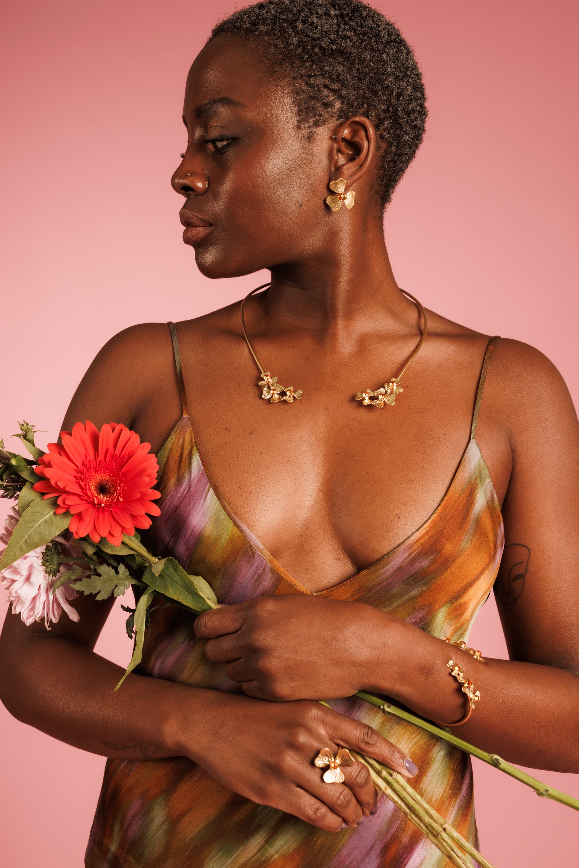 Gold Bloom Jewelry Set Adorned With Orange Crystals