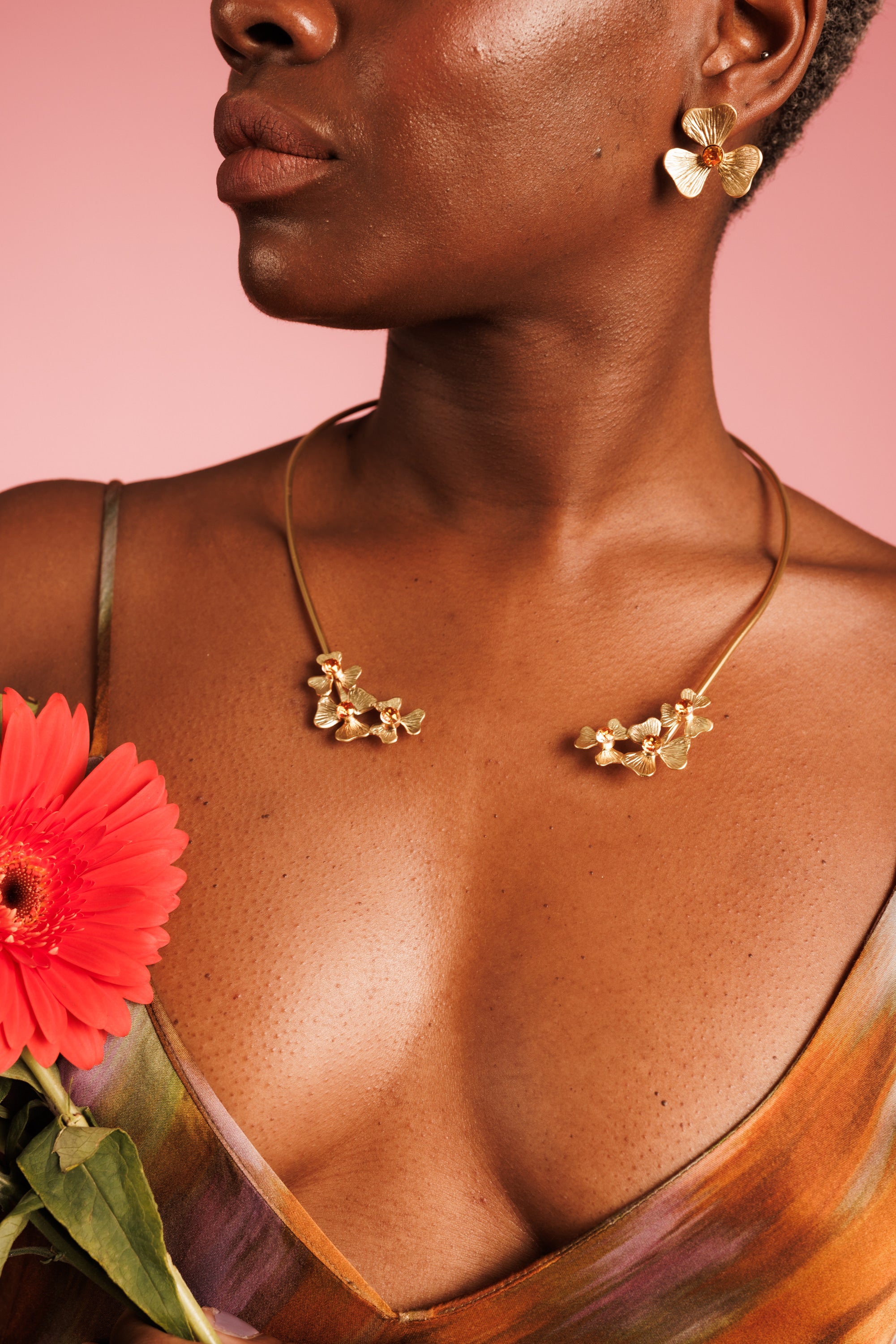 Gold Bloom Jewelry Set Adorned With Orange Crystals