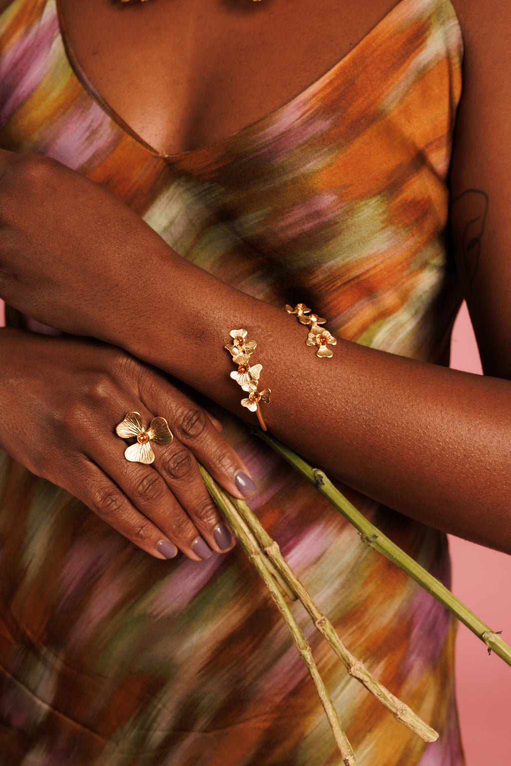 Gold Bloom Jewelry Set Adorned With Orange Crystals