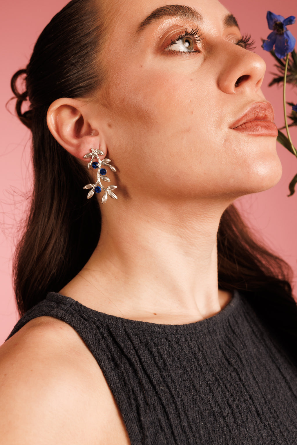 statement silver drop leaf earrings with blue crystals cubic zirconia