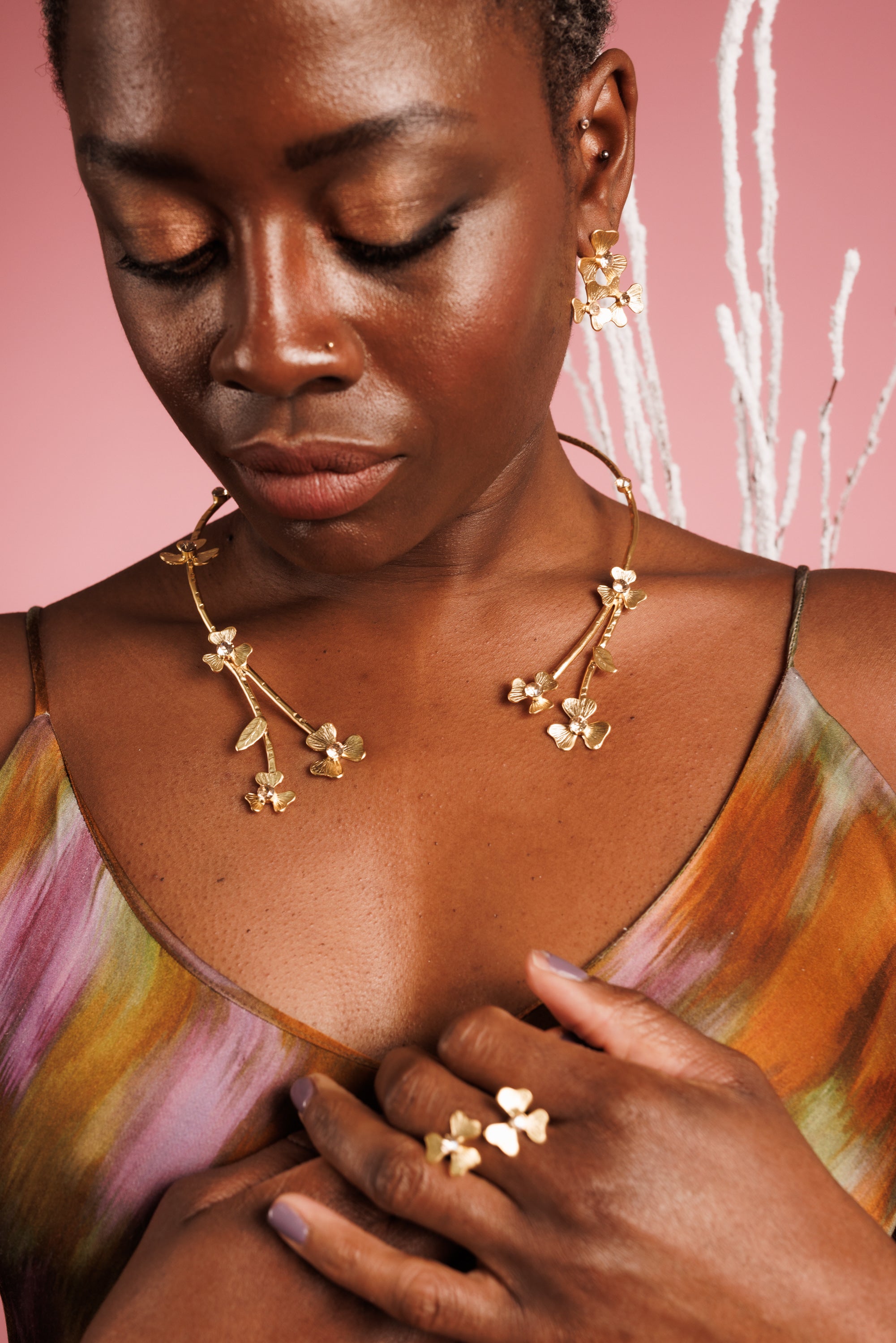 Gold Bloom Jewelry Set Adorned WIth Champagne Crystals