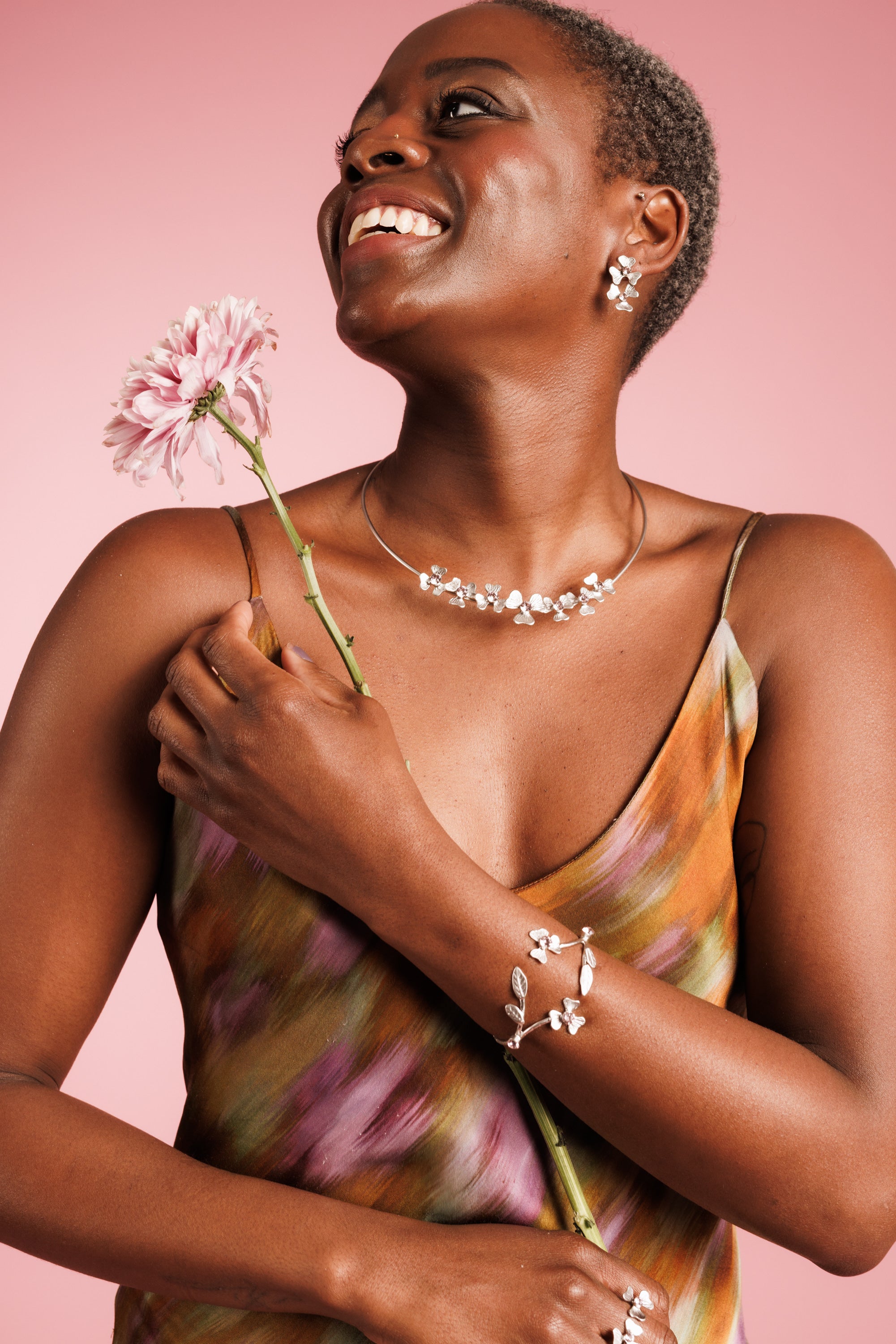 Silver Bloom Jewelry Set Adorned With Light Pink Crystals
