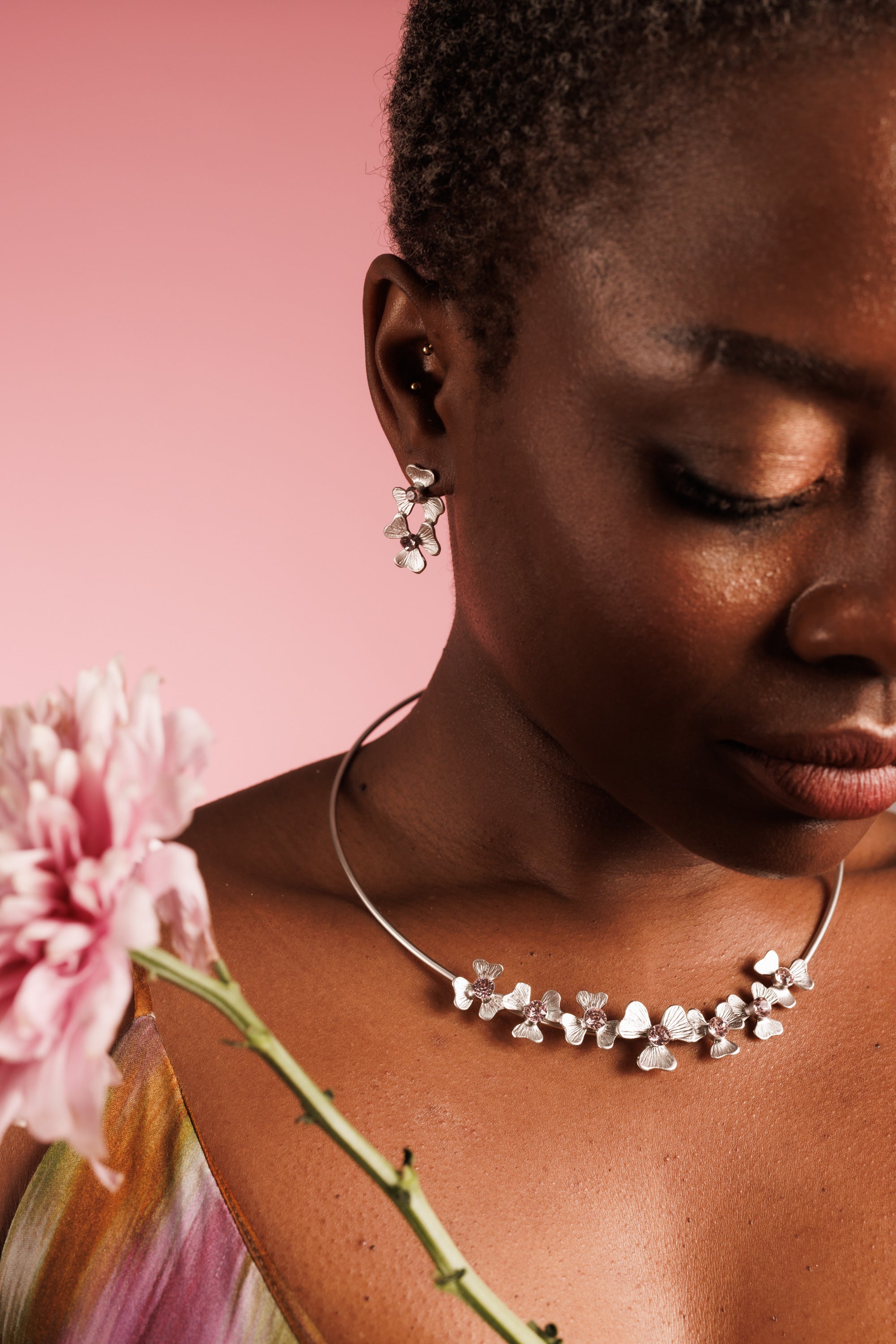 Silver Bloom Jewelry Set Adorned With Light Pink Crystals