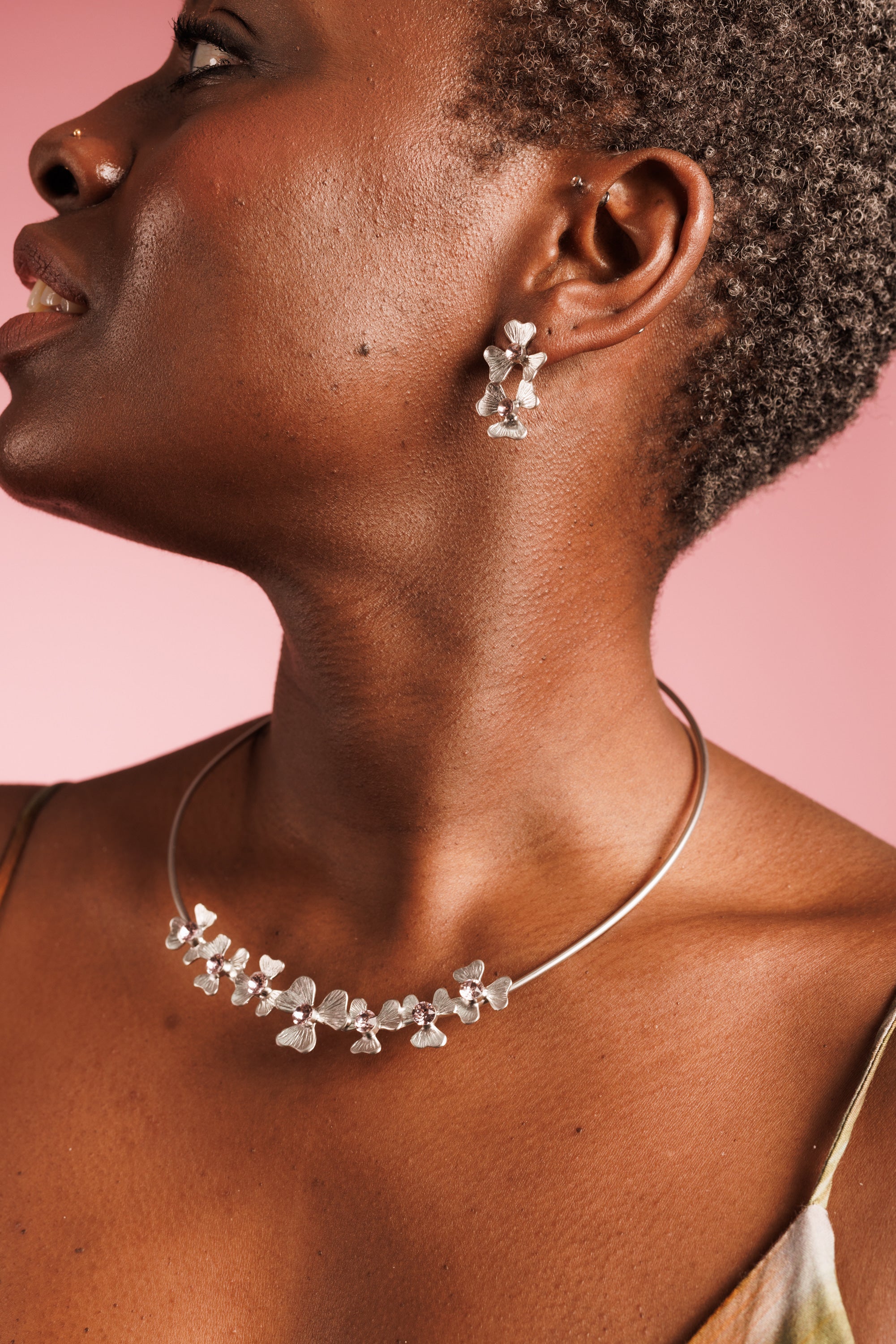 Silver Bloom Jewelry Set Adorned With Light Pink Crystals