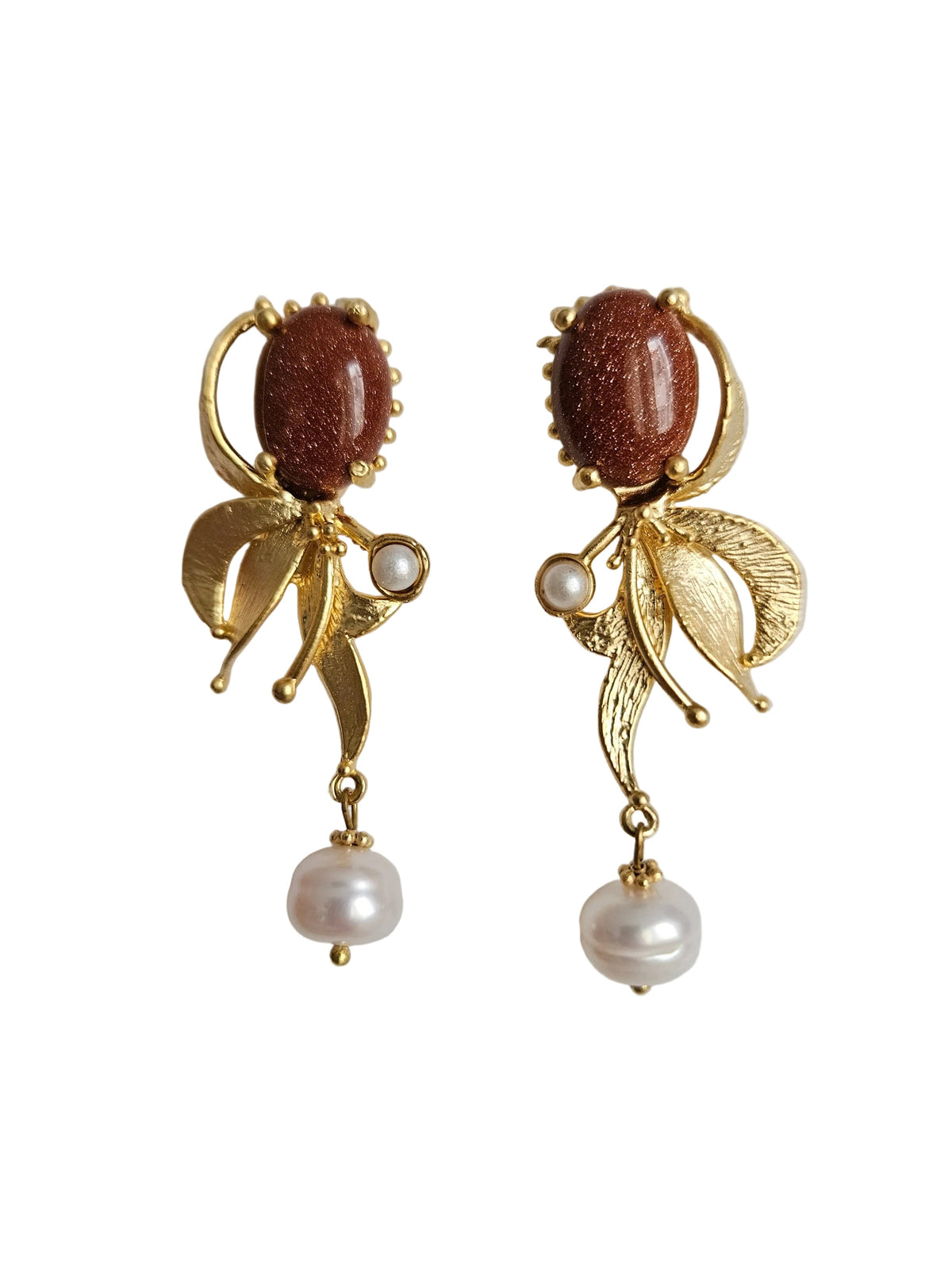 statement gold plated botanical earrings with a combination of orange\brown and pearls elements