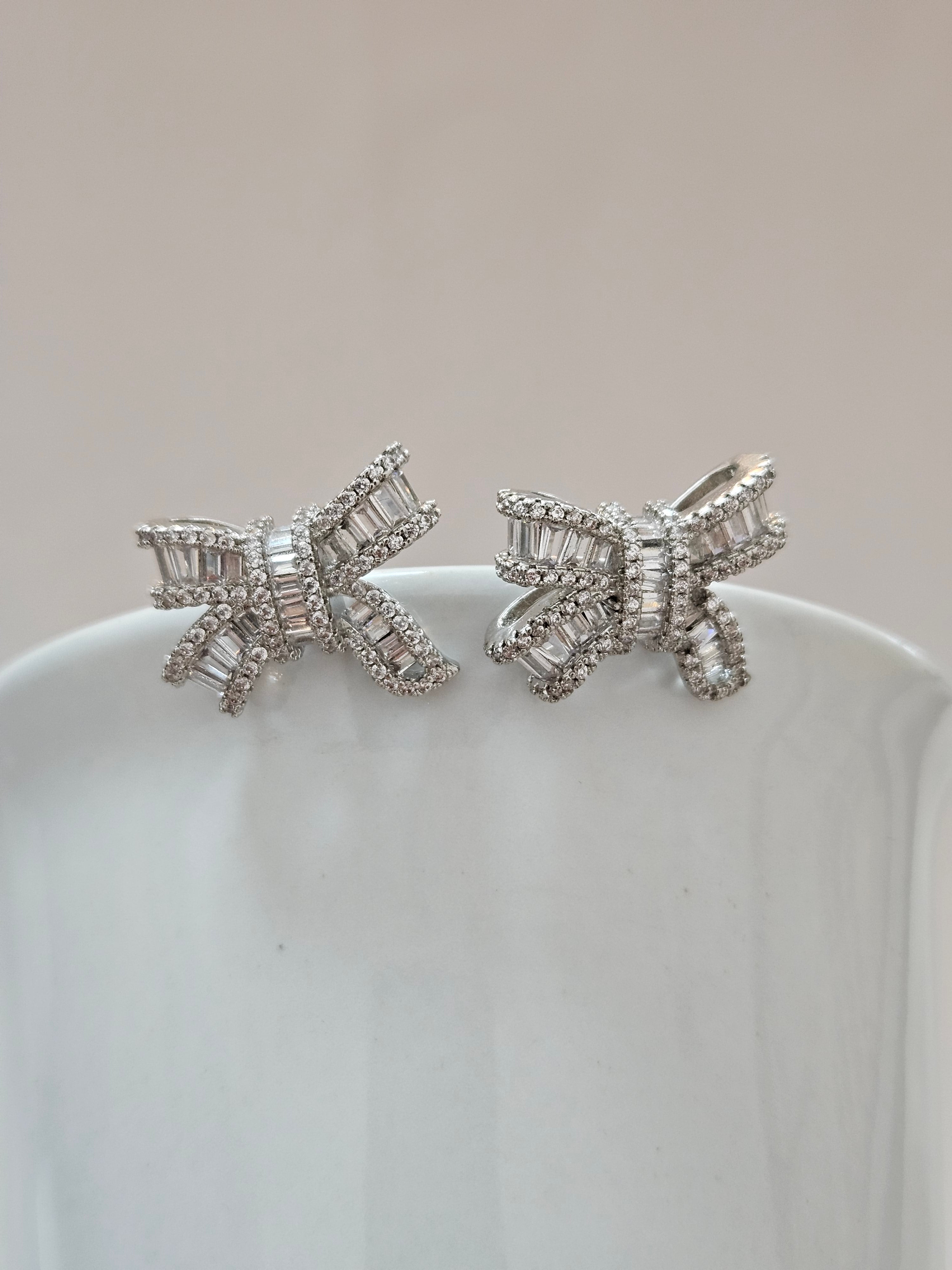 Bow Silver Crystal Stud Earrings - AESC12