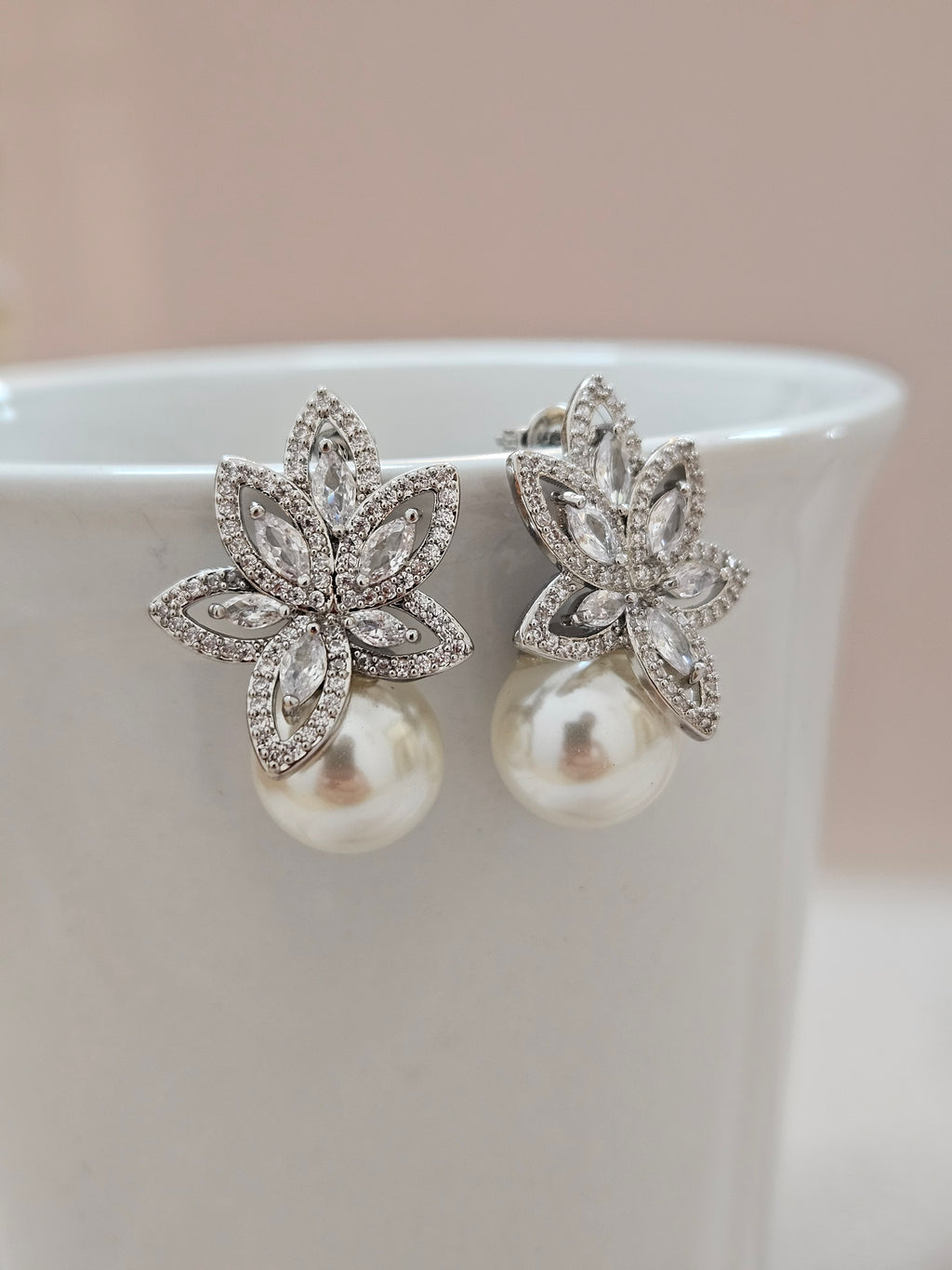 Floral Design Crystal Pearl Stud Earrings