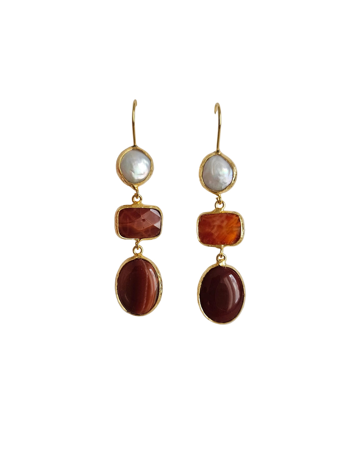 handmade dangle chandelier brown pearls and bricks stones earrings