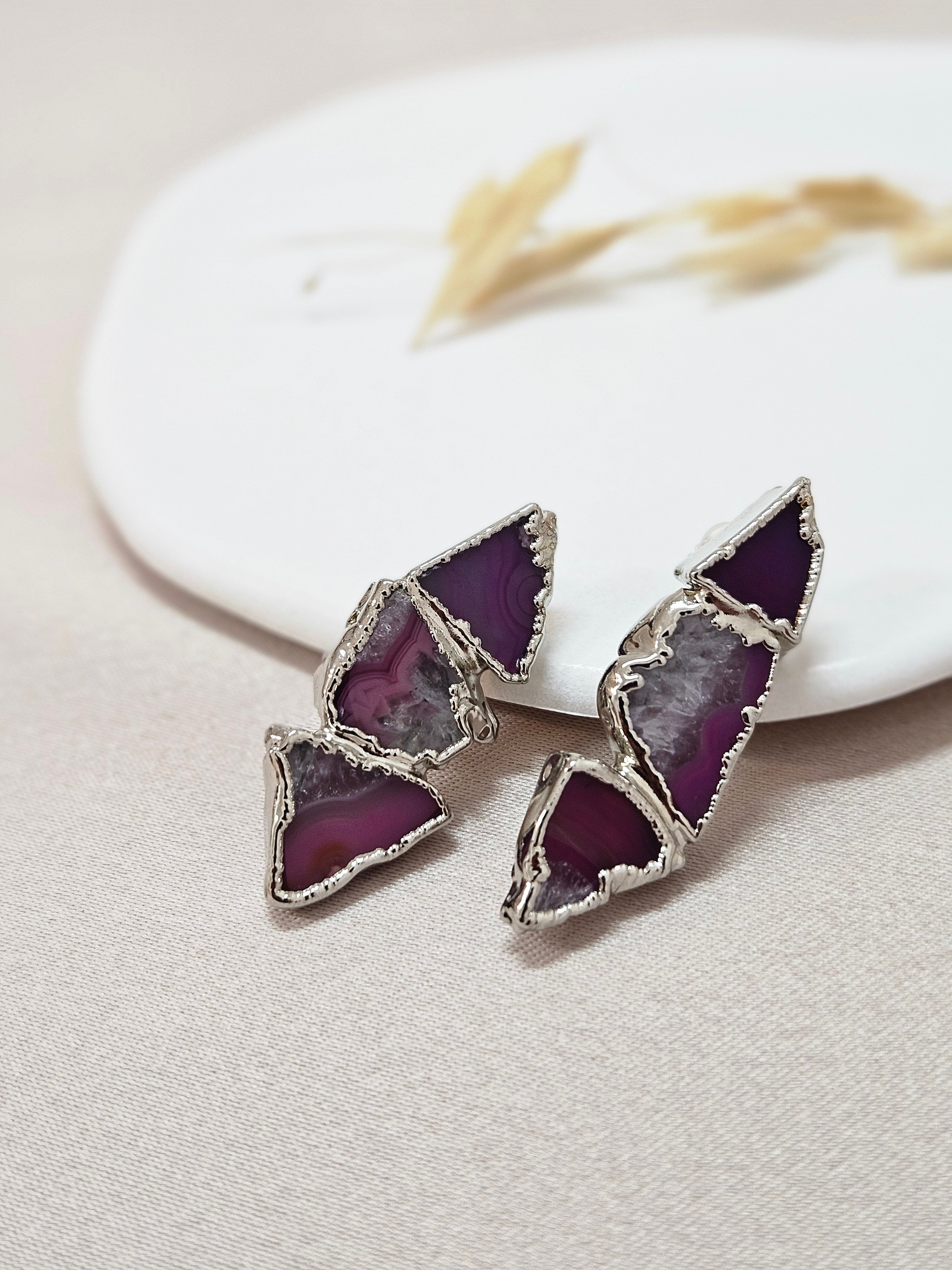 Asymmetrical Pruple Agate Statement Earrings - AESP49